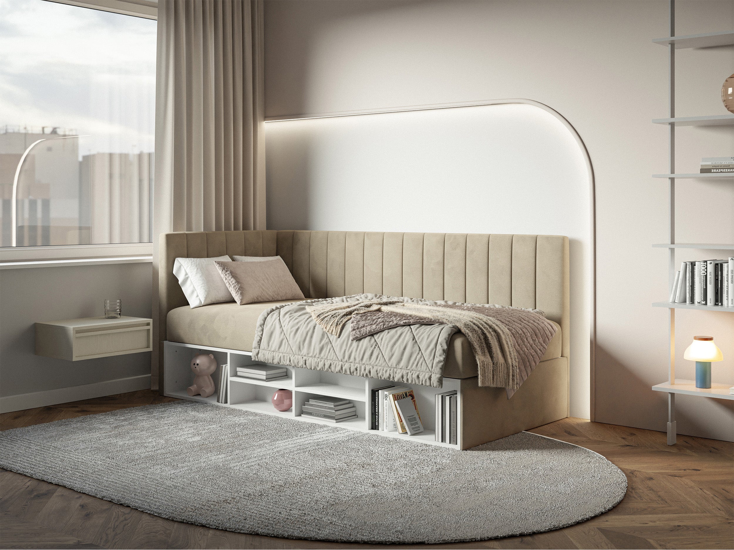 Jugendbett 90x200 cm Ventrio linksseitig mit Stauraum und Regalen, grau-beiges Velours, wasserabweisend und pflegeleicht