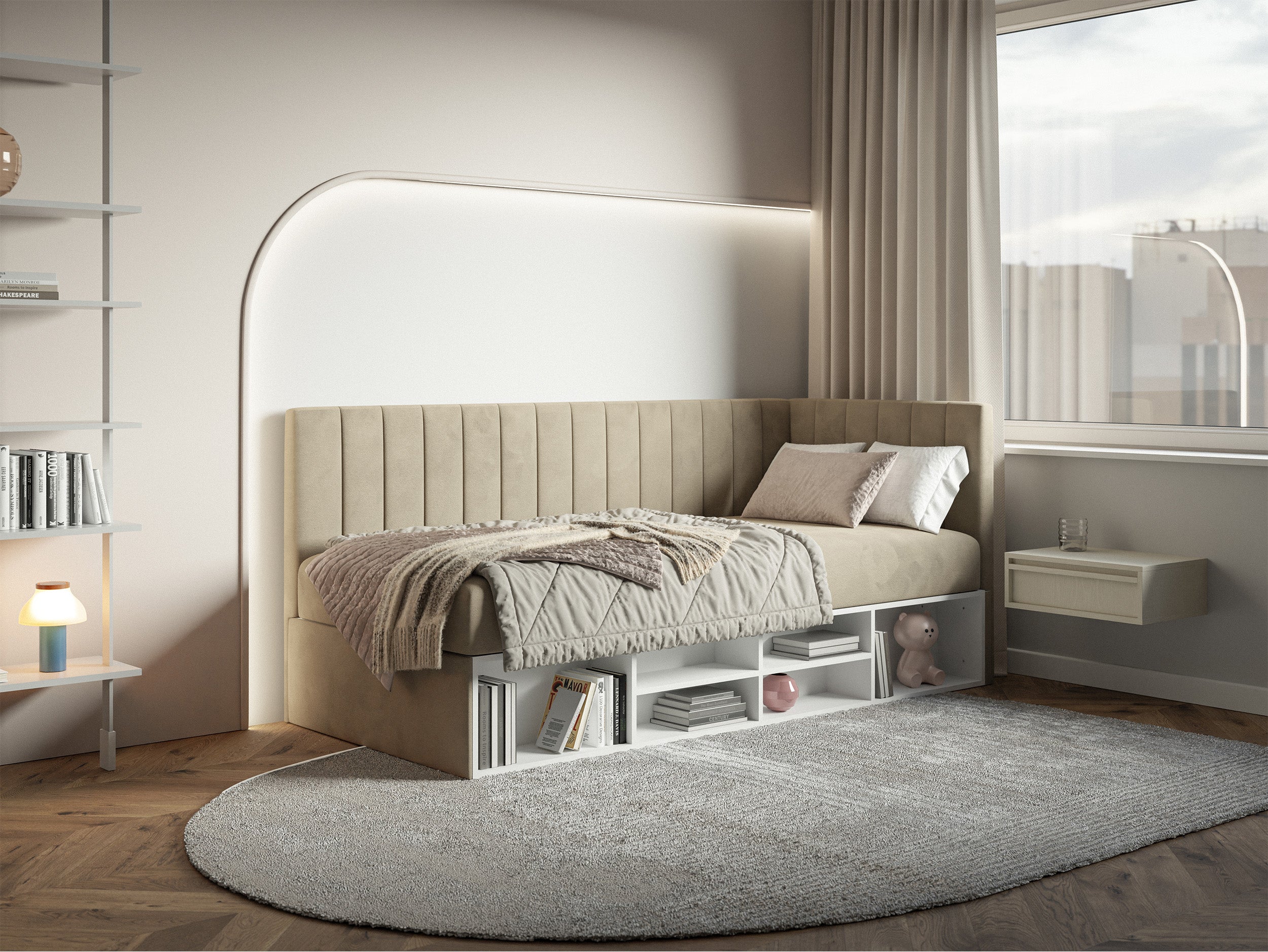 Jugendbett 90x200 cm Ventrio rechtsseitig mit Stauraum und Regalen, hellgraubeiger Velours, wasserabweisend und leicht zu reinigen