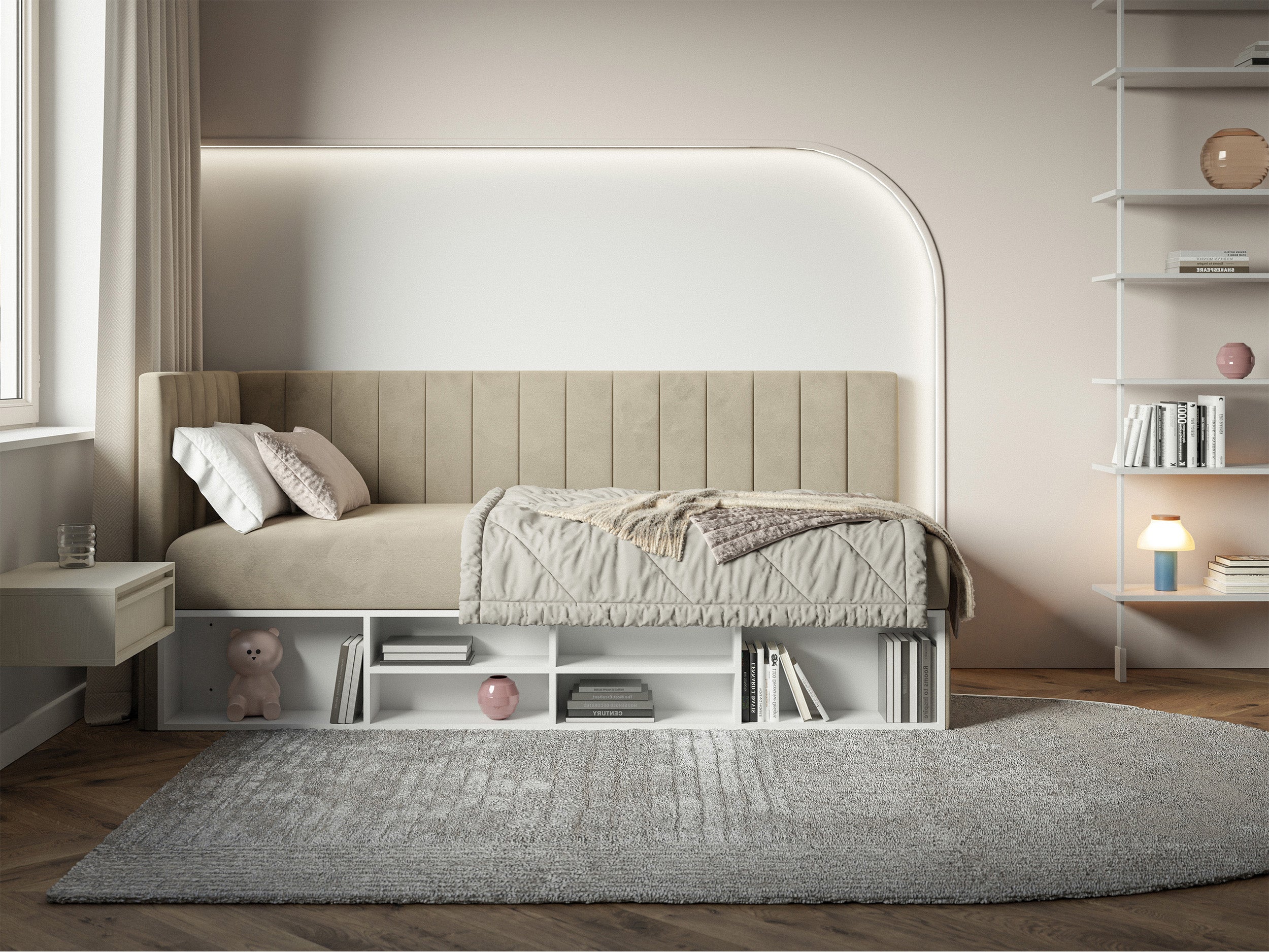 Jugendbett 90x200 cm Ventrio linksseitig mit Stauraum und Regalen, grau-beiges Velours, wasserabweisend und pflegeleicht