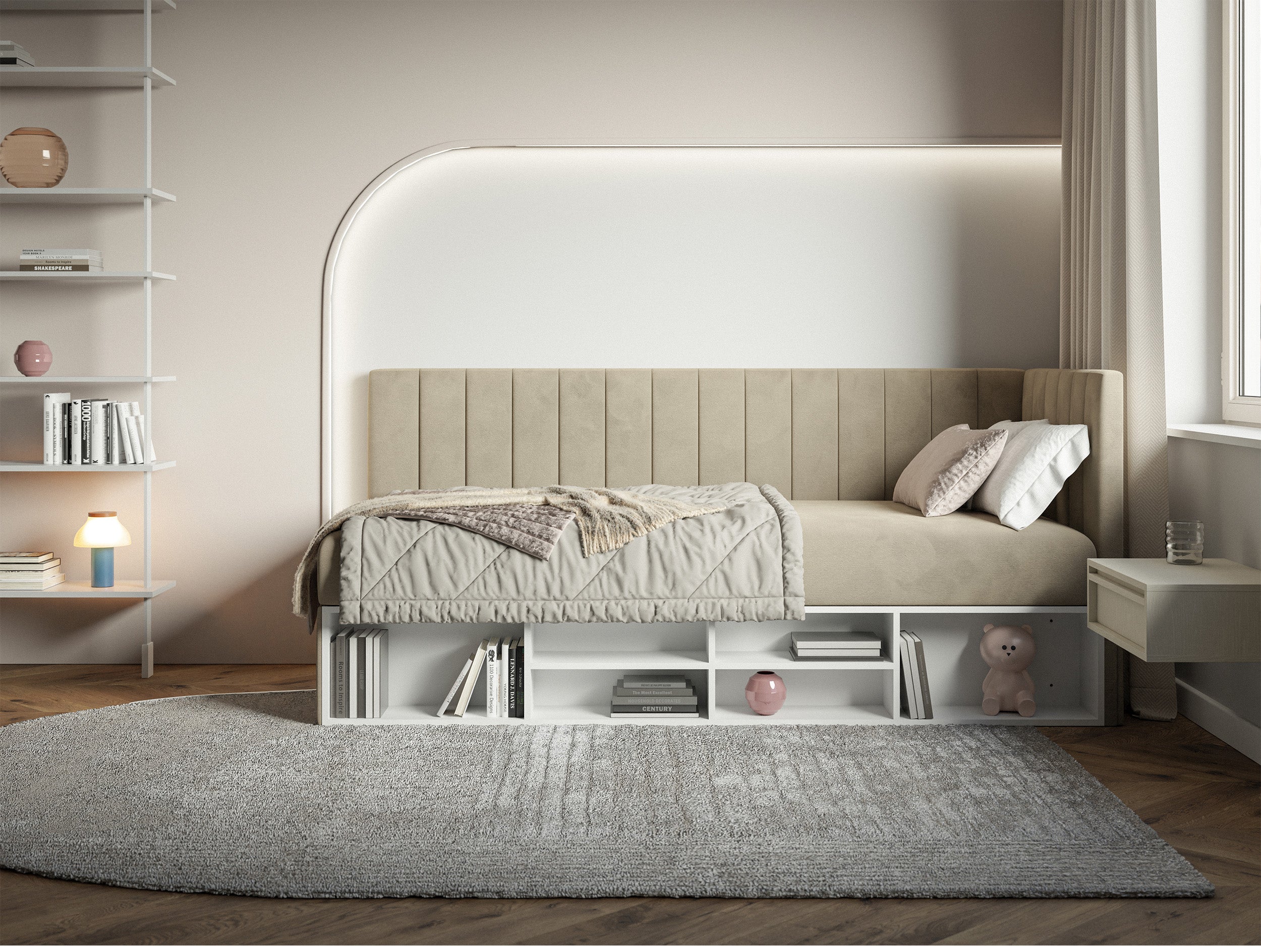 Jugendbett 90x200 cm Ventrio rechtsseitig mit Stauraum und Regalen, hellgraubeiger Velours, wasserabweisend und leicht zu reinigen