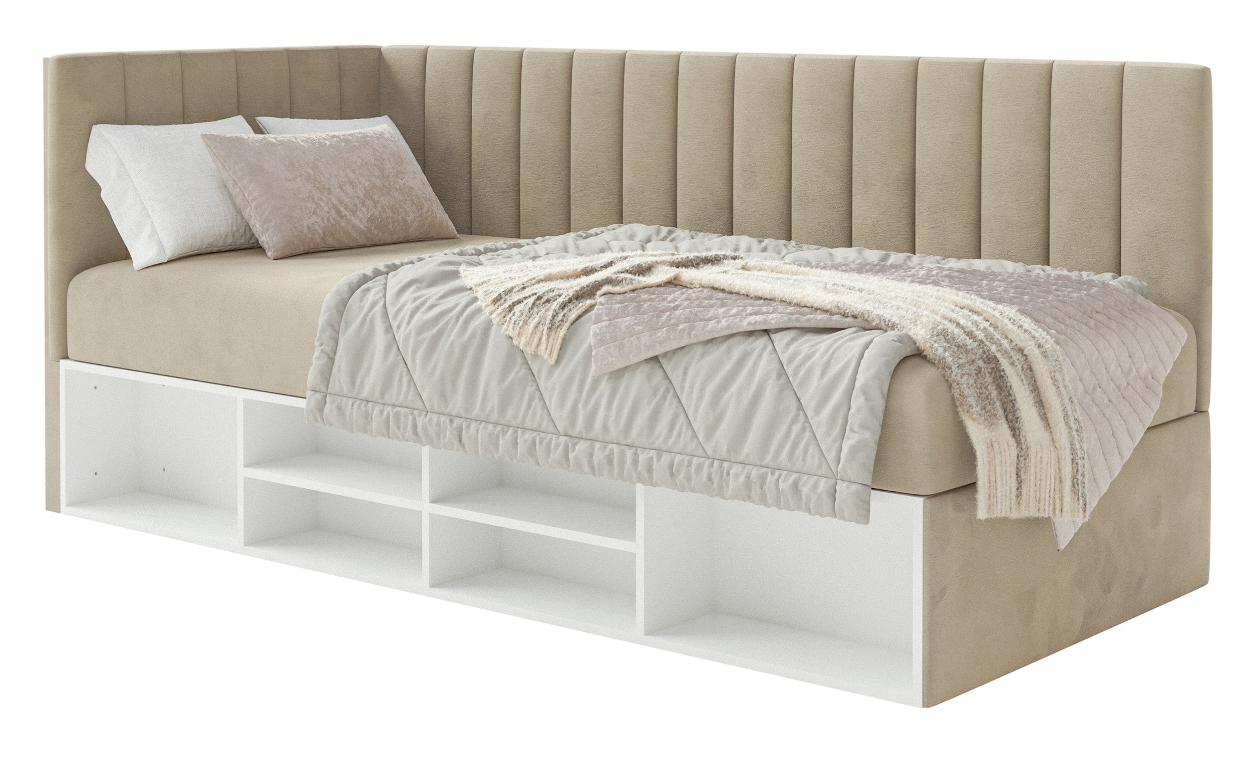 Jugendbett 90x200 cm Ventrio linksseitig mit Stauraum und Regalen, grau-beiges Velours, wasserabweisend und pflegeleicht