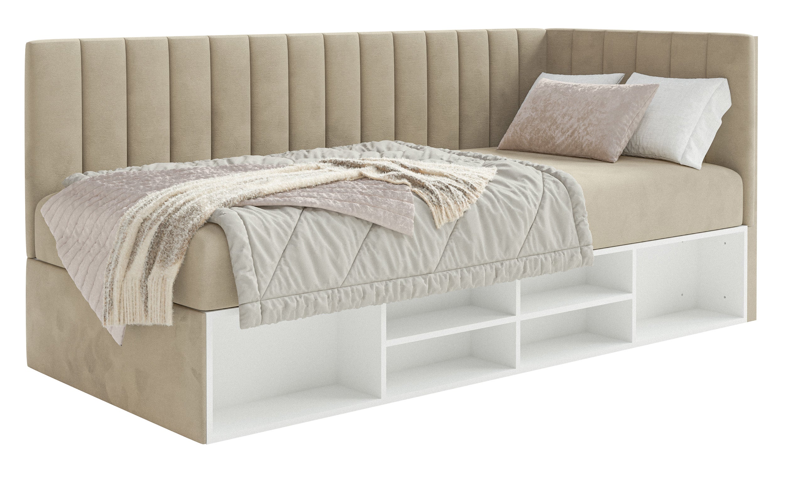 Jugendbett 90x200 cm Ventrio rechtsseitig mit Stauraum und Regalen, hellgraubeiger Velours, wasserabweisend und leicht zu reinigen
