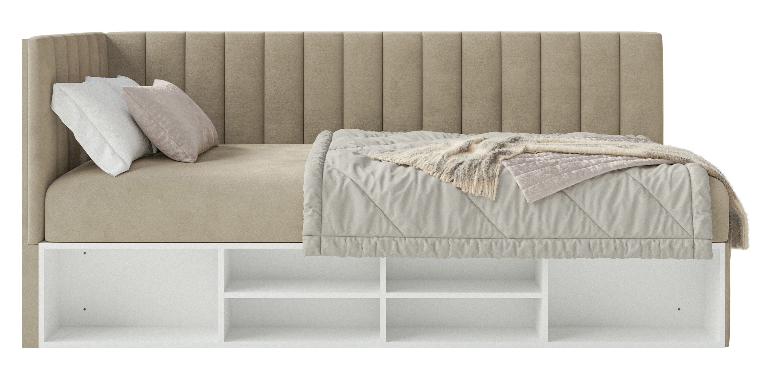 Jugendbett 90x200 cm Ventrio linksseitig mit Stauraum und Regalen, grau-beiges Velours, wasserabweisend und pflegeleicht