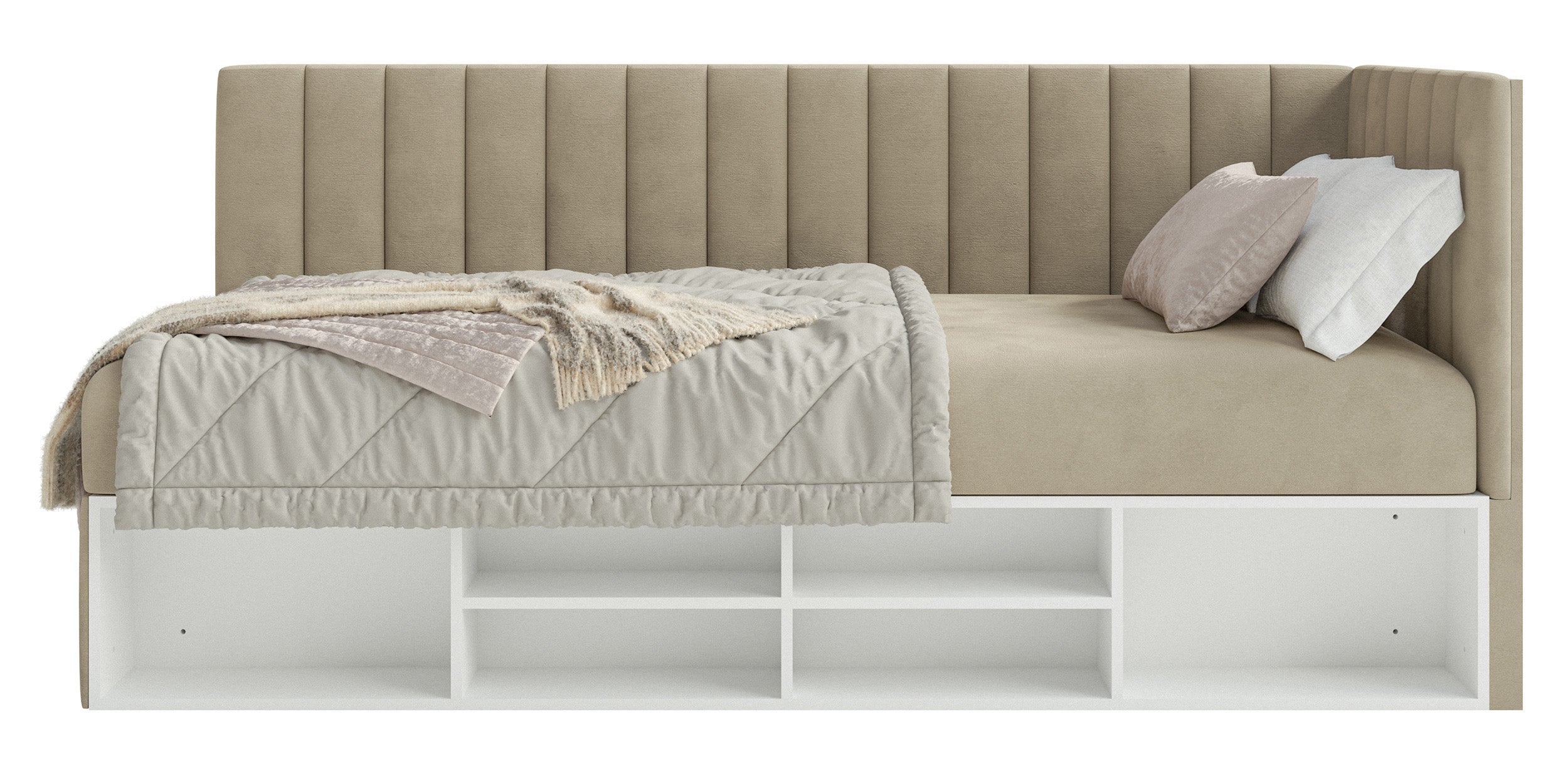 Jugendbett 90x200 cm Ventrio rechtsseitig mit Stauraum und Regalen, hellgraubeiger Velours, wasserabweisend und leicht zu reinigen
