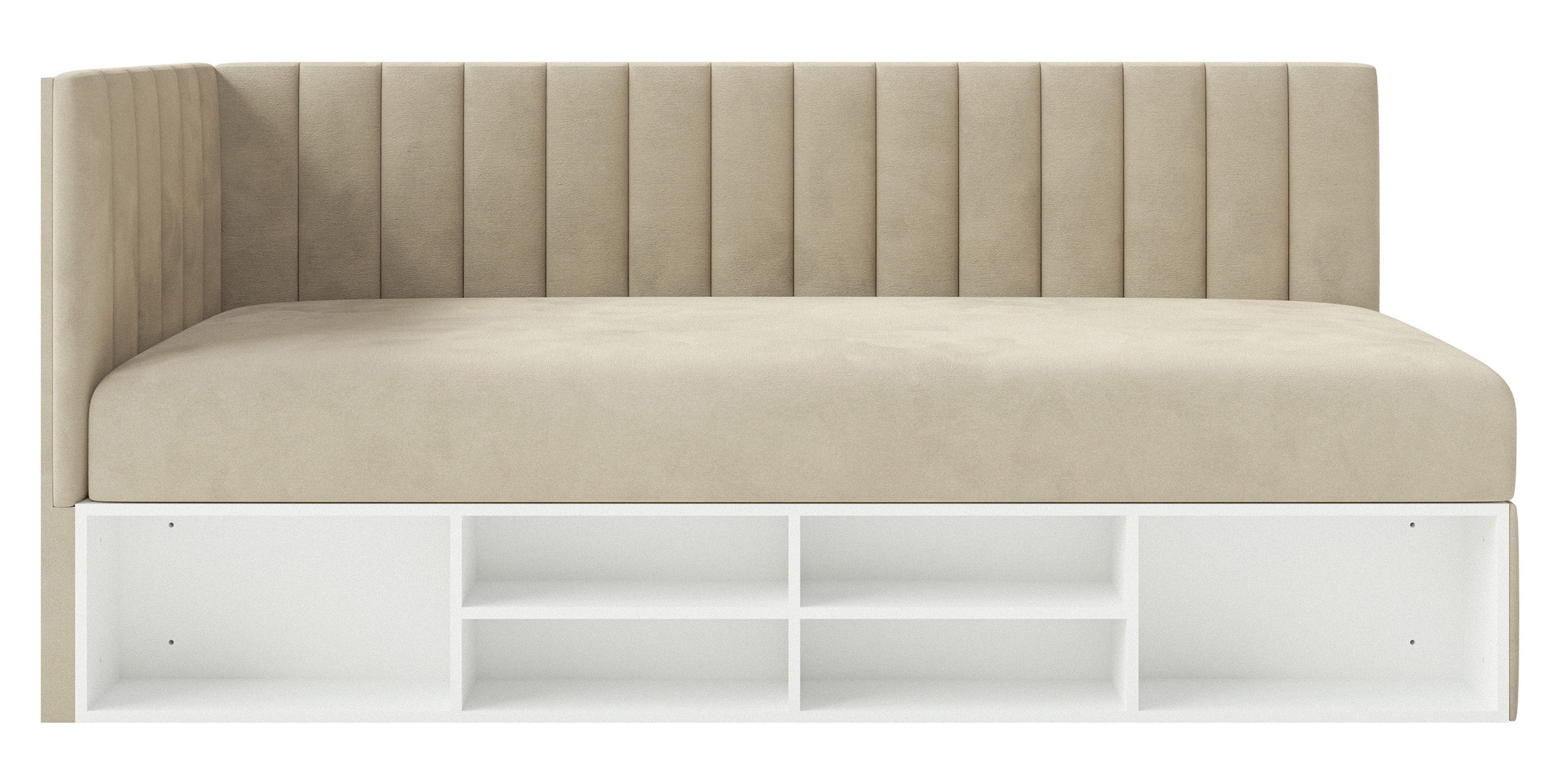 Jugendbett 90x200 cm Ventrio linksseitig mit Stauraum und Regalen, grau-beiges Velours, wasserabweisend und pflegeleicht