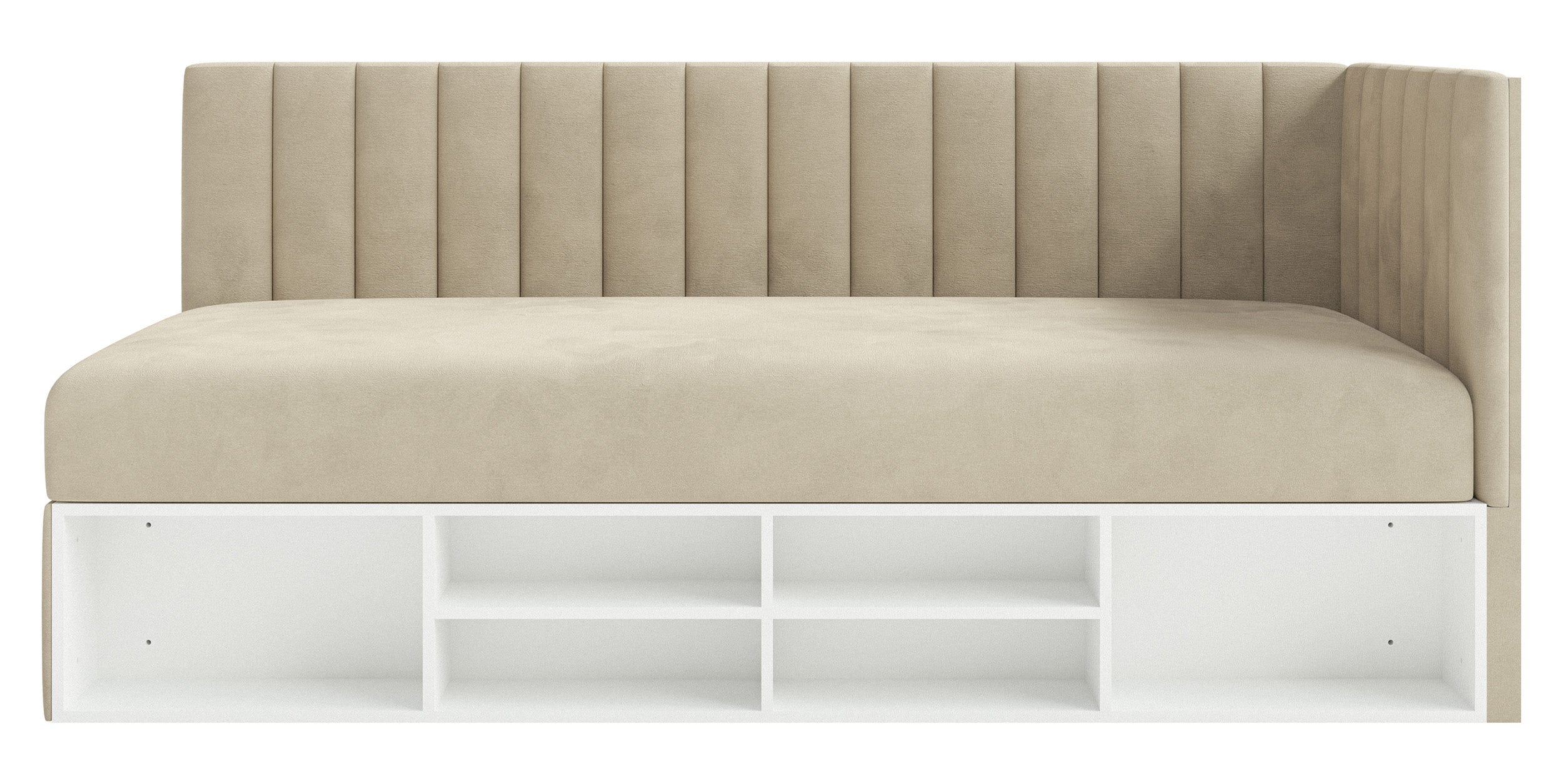 Jugendbett 90x200 cm Ventrio rechtsseitig mit Stauraum und Regalen, hellgraubeiger Velours, wasserabweisend und leicht zu reinigen