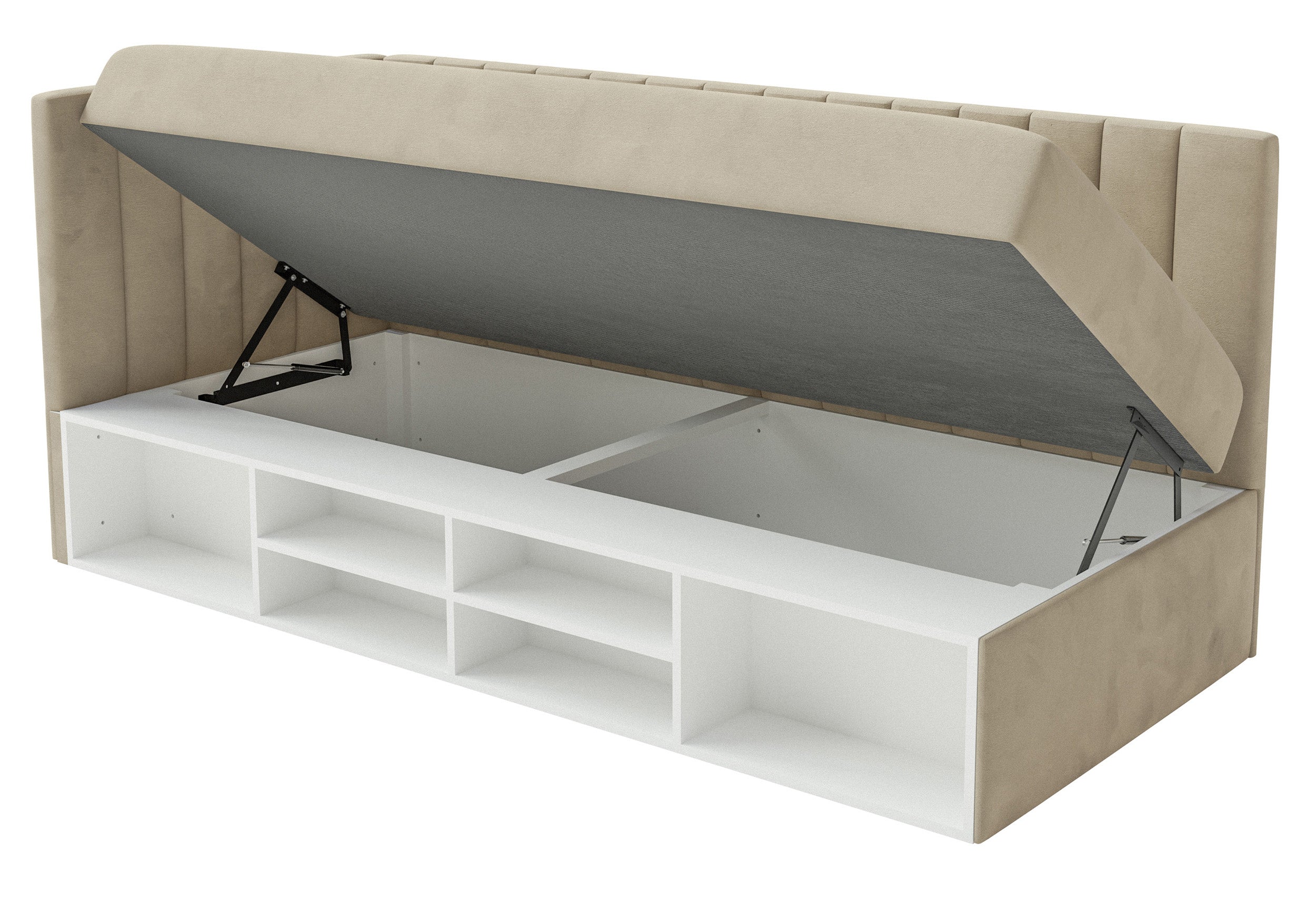 Jugendbett 90x200 cm Ventrio linksseitig mit Stauraum und Regalen, grau-beiges Velours, wasserabweisend und pflegeleicht