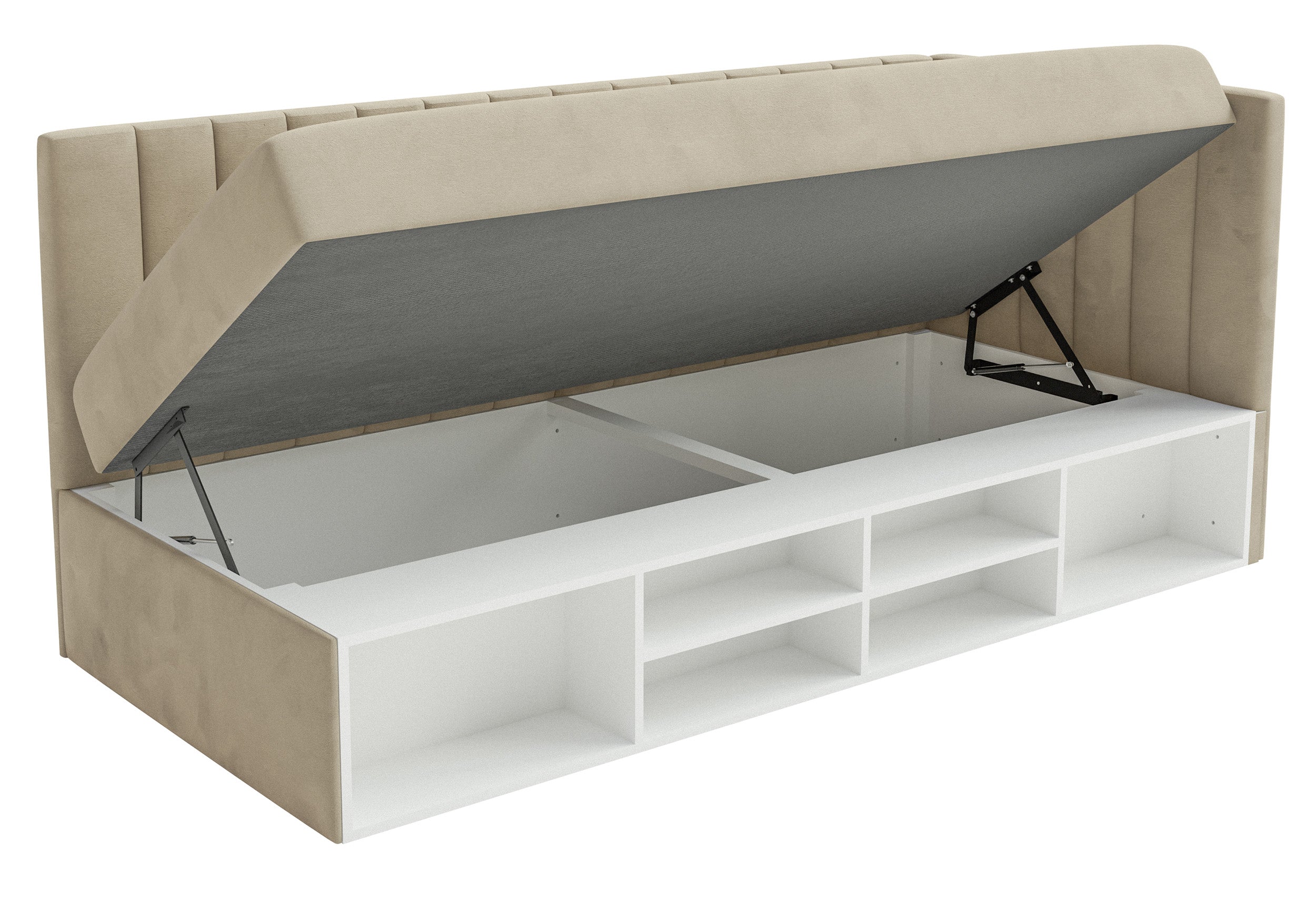 Jugendbett 90x200 cm Ventrio rechtsseitig mit Stauraum und Regalen, hellgraubeiger Velours, wasserabweisend und leicht zu reinigen
