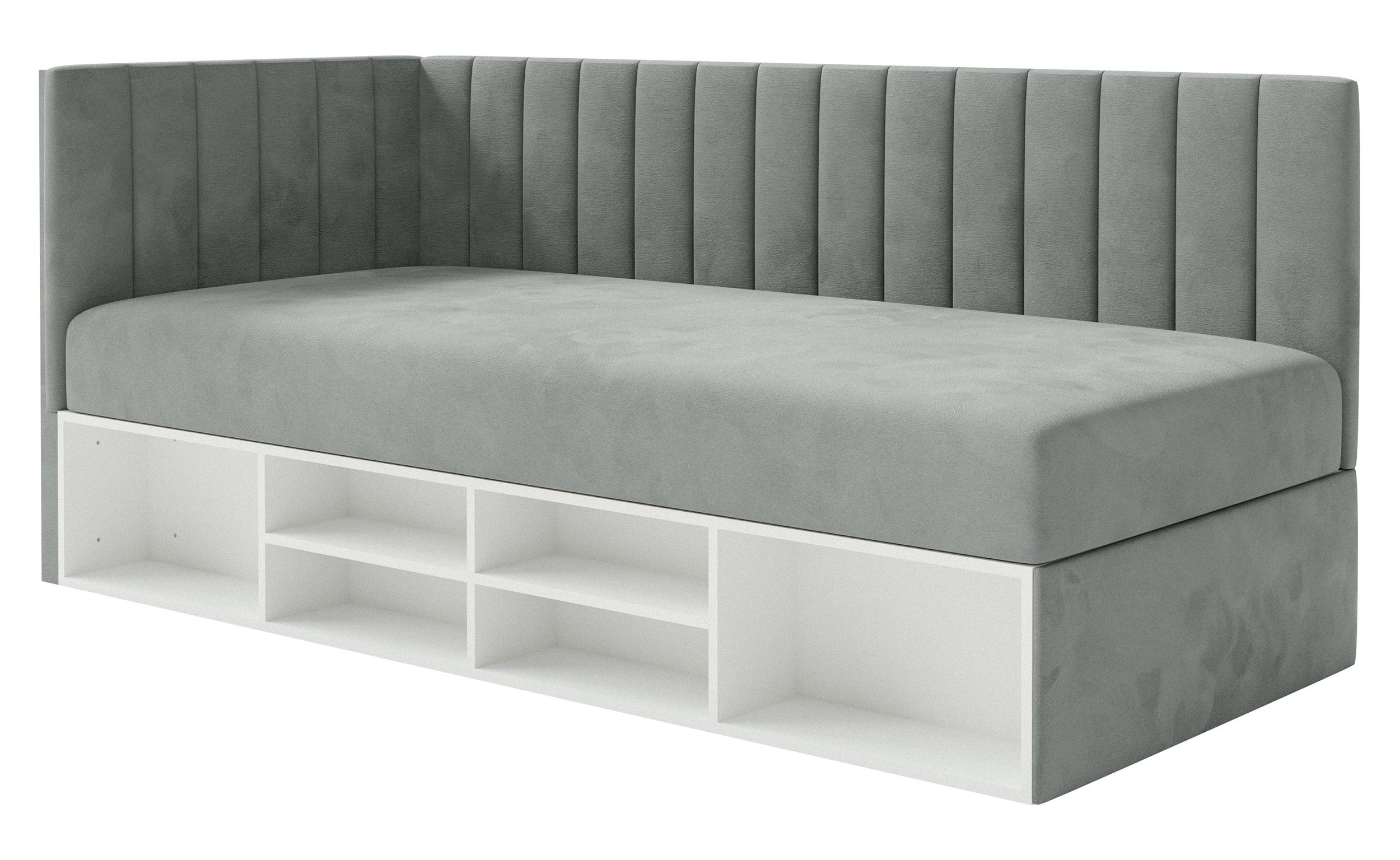 Jugendbett 90x200 cm Ventrio linksseitig mit Stauraum und Regalen, grauer Velours, wasserabweisend und leicht zu reinigen