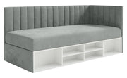 Jugendbett 90x200 cm Ventrio rechtsseitig mit Stauraum und Regalen, grauer Velours, wasserabweisend und leicht zu reinigen