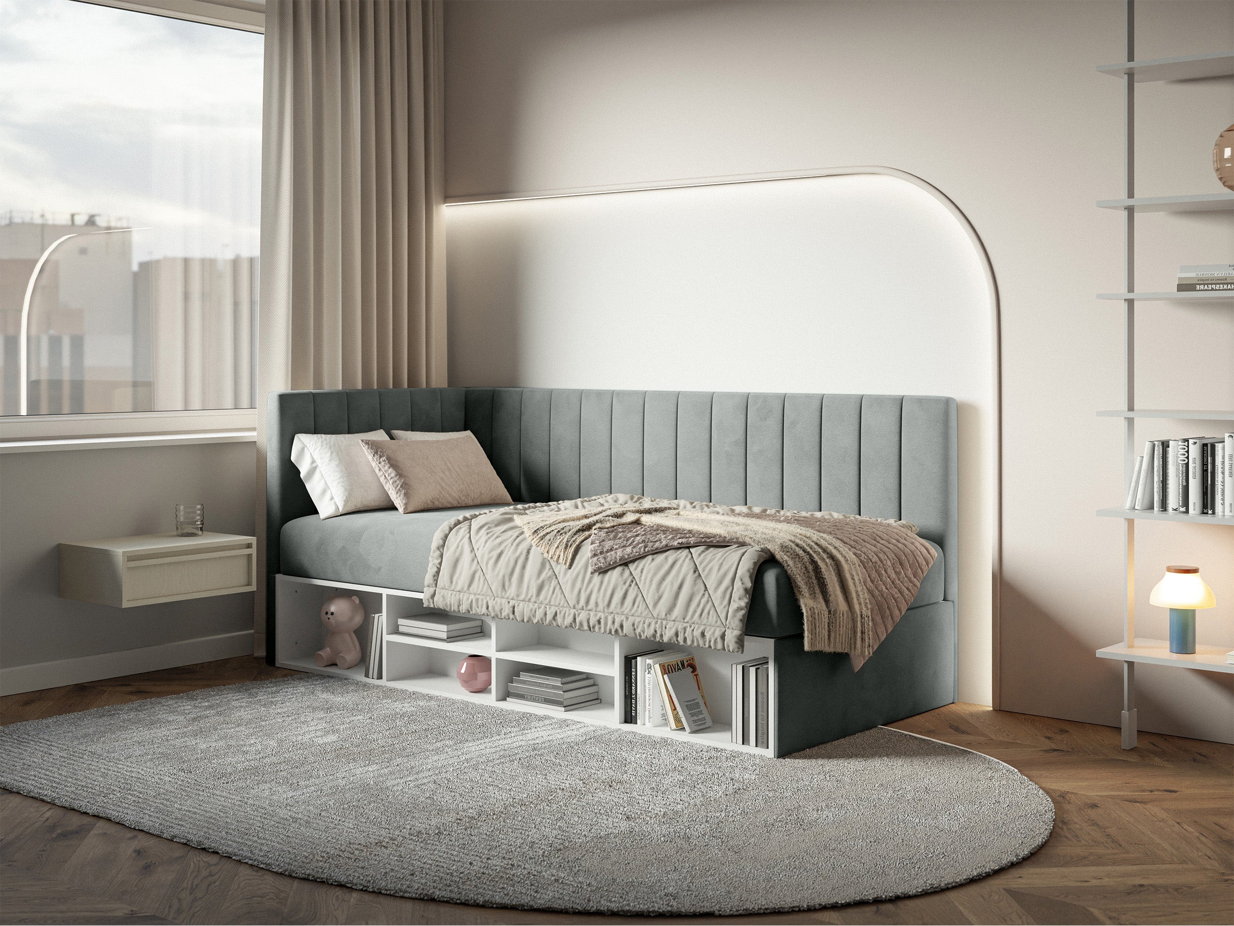Jugendbett 90x200 cm Ventrio linksseitig mit Stauraum und Regalen, grauer Velours, wasserabweisend und leicht zu reinigen