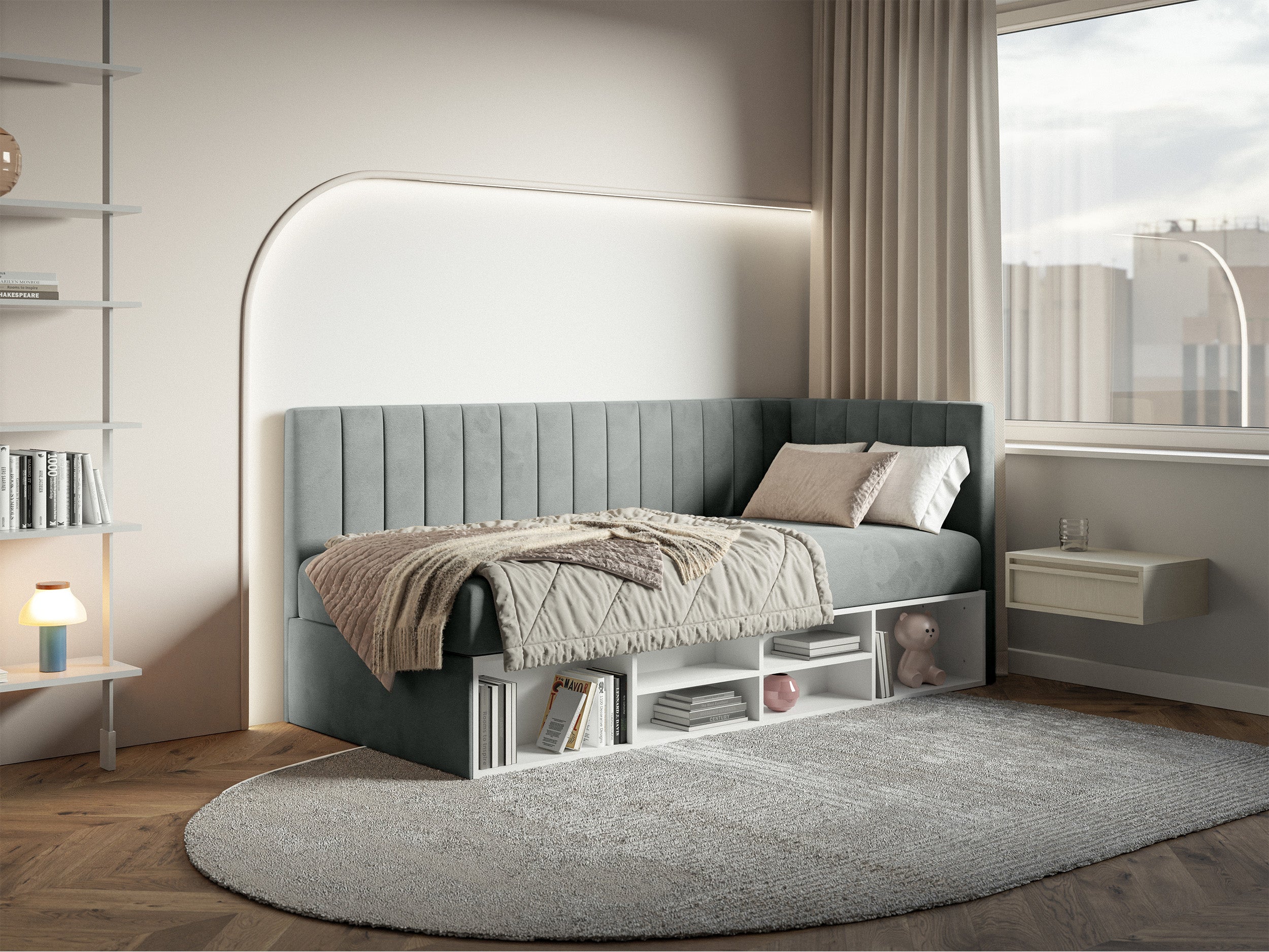 Jugendbett 90x200 cm Ventrio rechtsseitig mit Stauraum und Regalen, grauer Velours, wasserabweisend und leicht zu reinigen