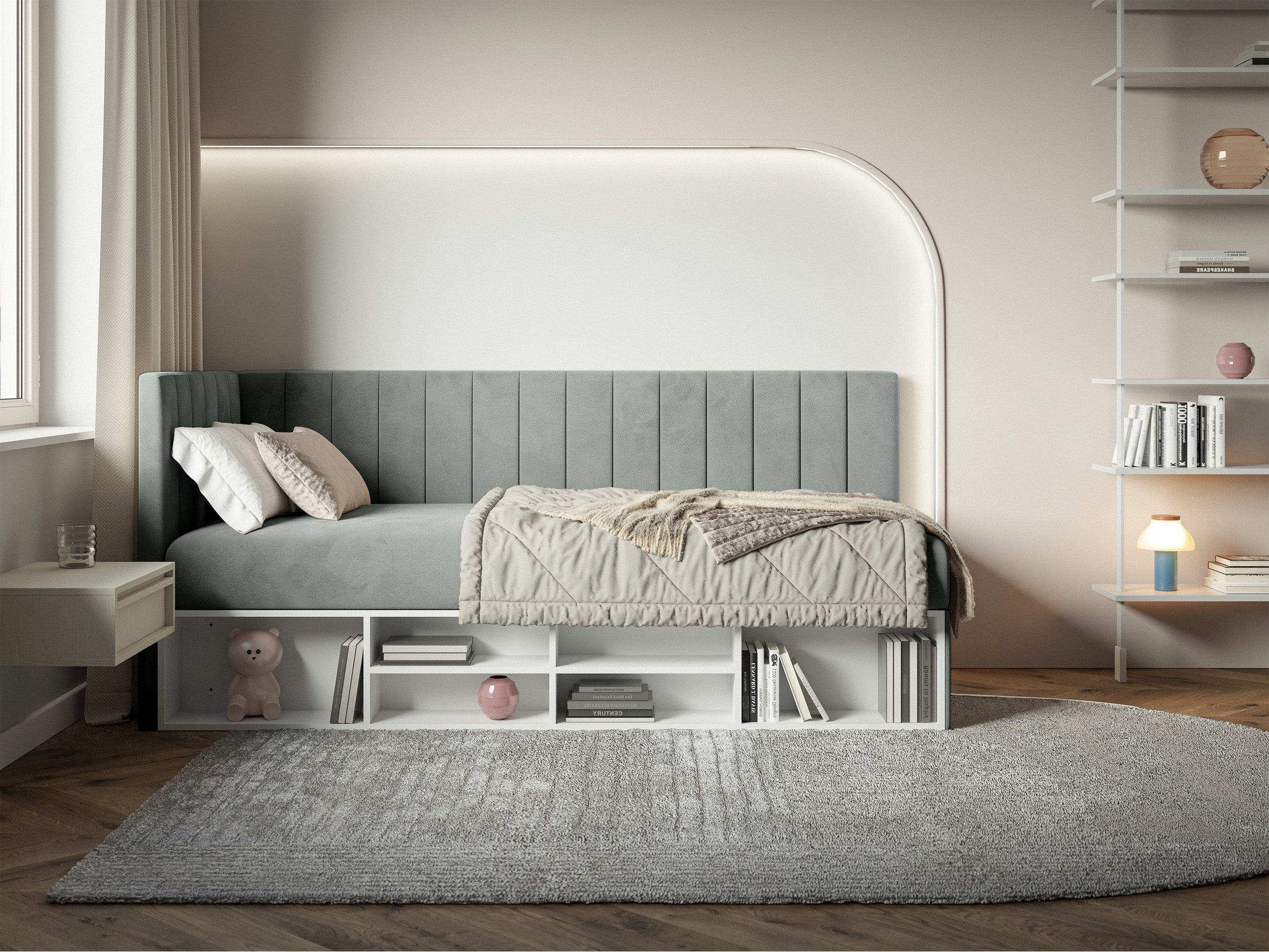 Jugendbett 90x200 cm Ventrio linksseitig mit Stauraum und Regalen, grauer Velours, wasserabweisend und leicht zu reinigen