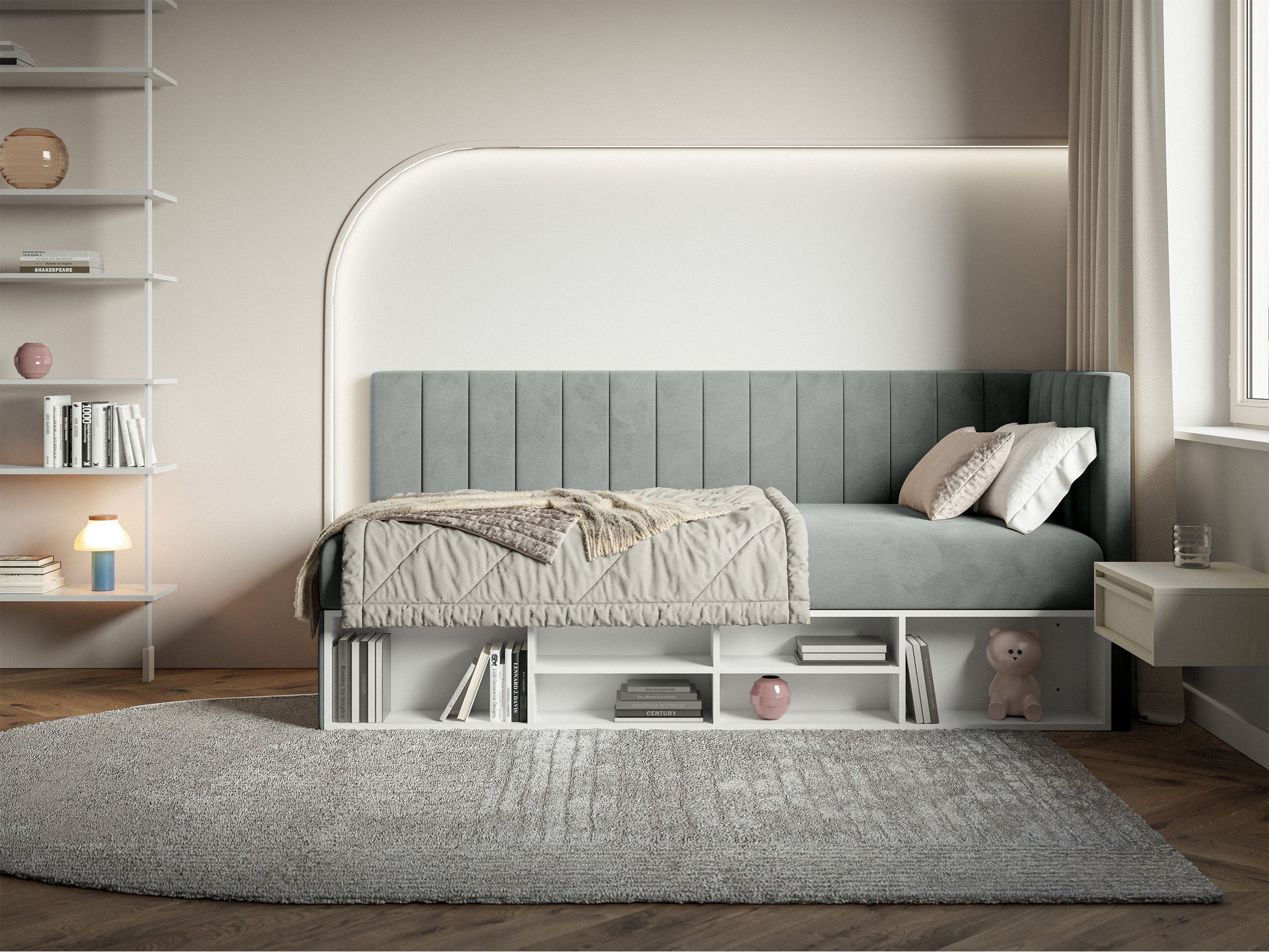 Jugendbett 90x200 cm Ventrio rechtsseitig mit Stauraum und Regalen, grauer Velours, wasserabweisend und leicht zu reinigen