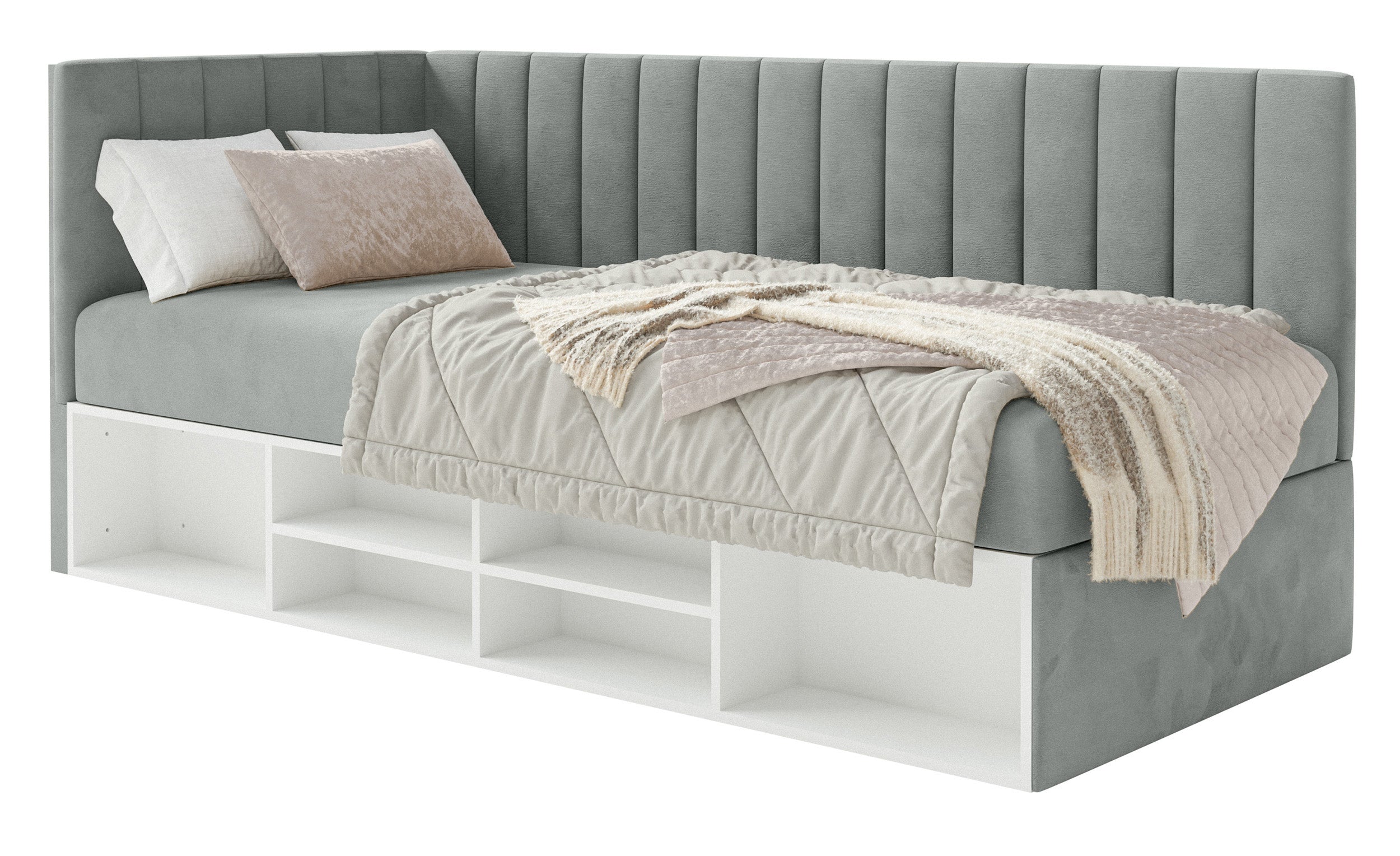 Jugendbett 90x200 cm Ventrio linksseitig mit Stauraum und Regalen, grauer Velours, wasserabweisend und leicht zu reinigen