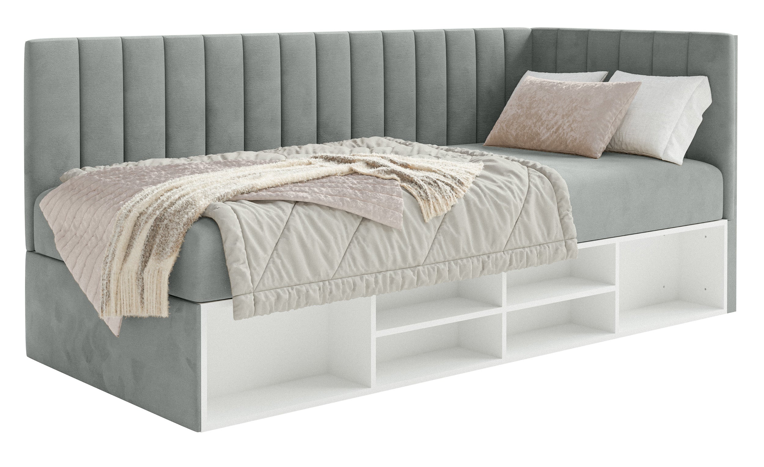 Jugendbett 90x200 cm Ventrio rechtsseitig mit Stauraum und Regalen, grauer Velours, wasserabweisend und leicht zu reinigen