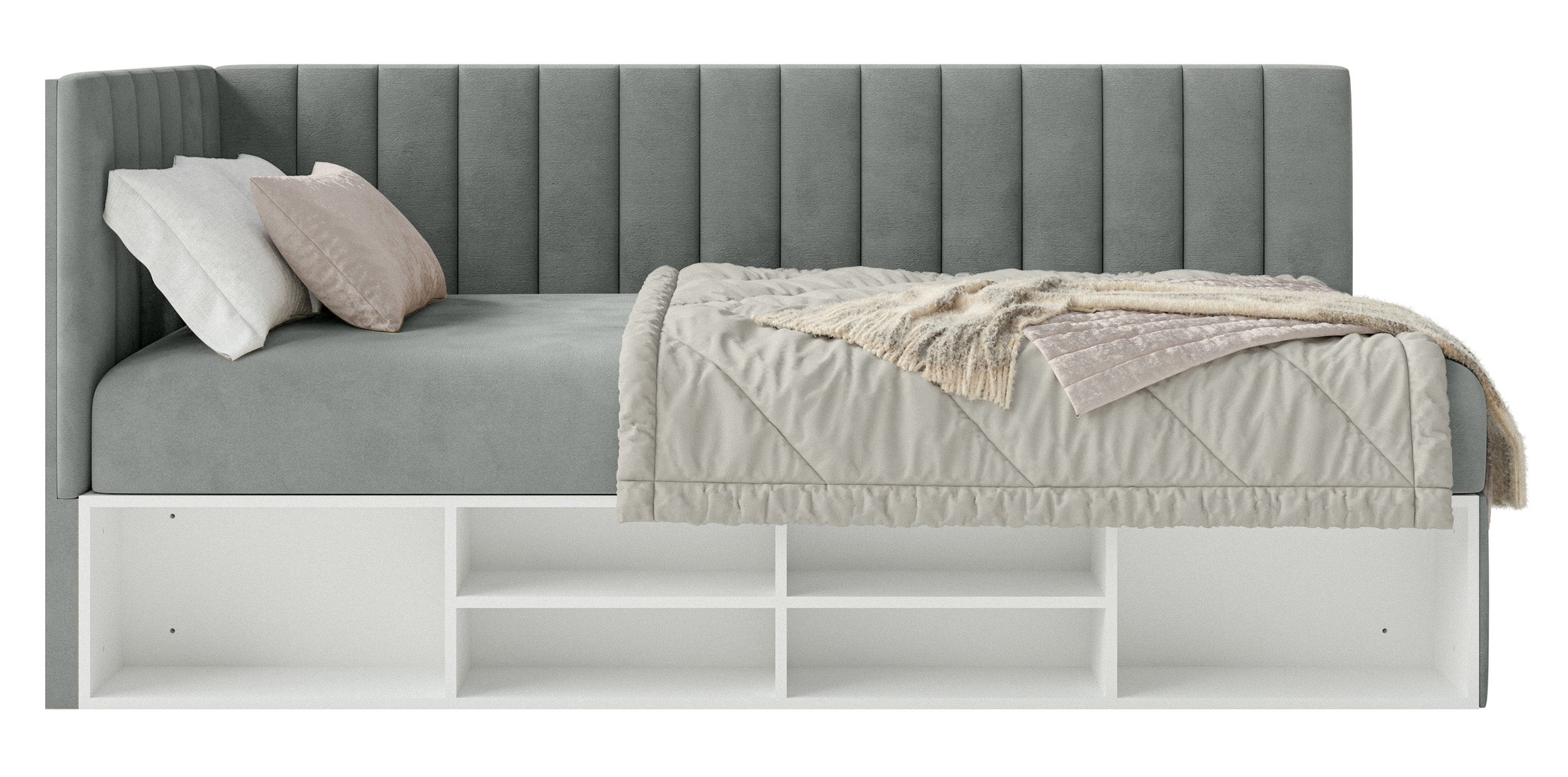 Jugendbett 90x200 cm Ventrio linksseitig mit Stauraum und Regalen, grauer Velours, wasserabweisend und leicht zu reinigen