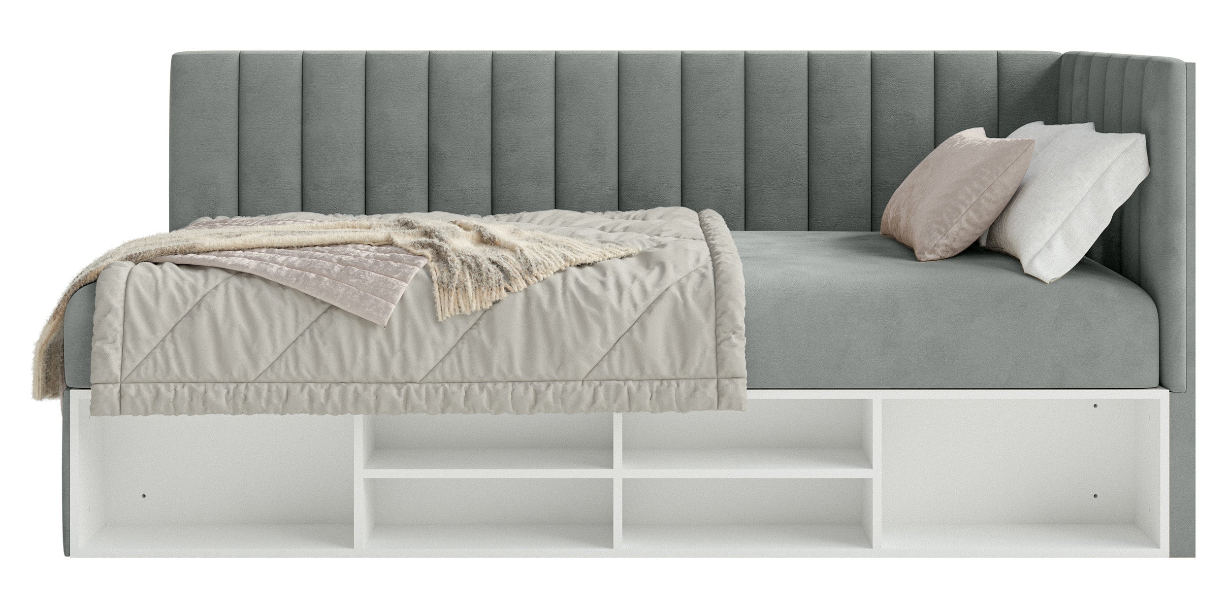 Jugendbett 90x200 cm Ventrio rechtsseitig mit Stauraum und Regalen, grauer Velours, wasserabweisend und leicht zu reinigen
