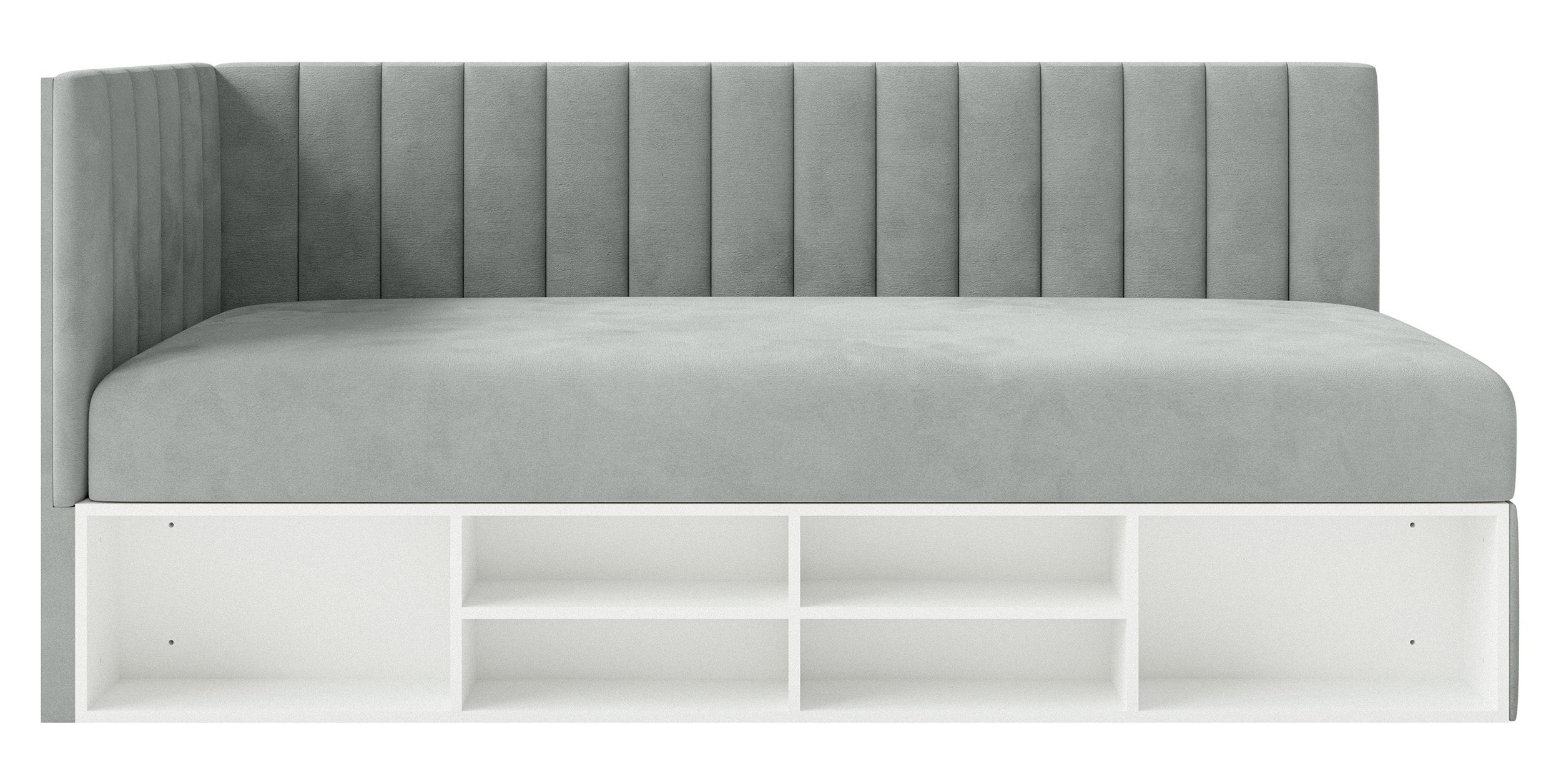 Jugendbett 90x200 cm Ventrio linksseitig mit Stauraum und Regalen, grauer Velours, wasserabweisend und leicht zu reinigen