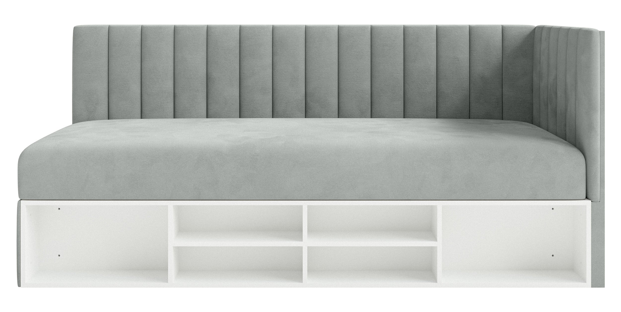 Jugendbett 90x200 cm Ventrio rechtsseitig mit Stauraum und Regalen, grauer Velours, wasserabweisend und leicht zu reinigen