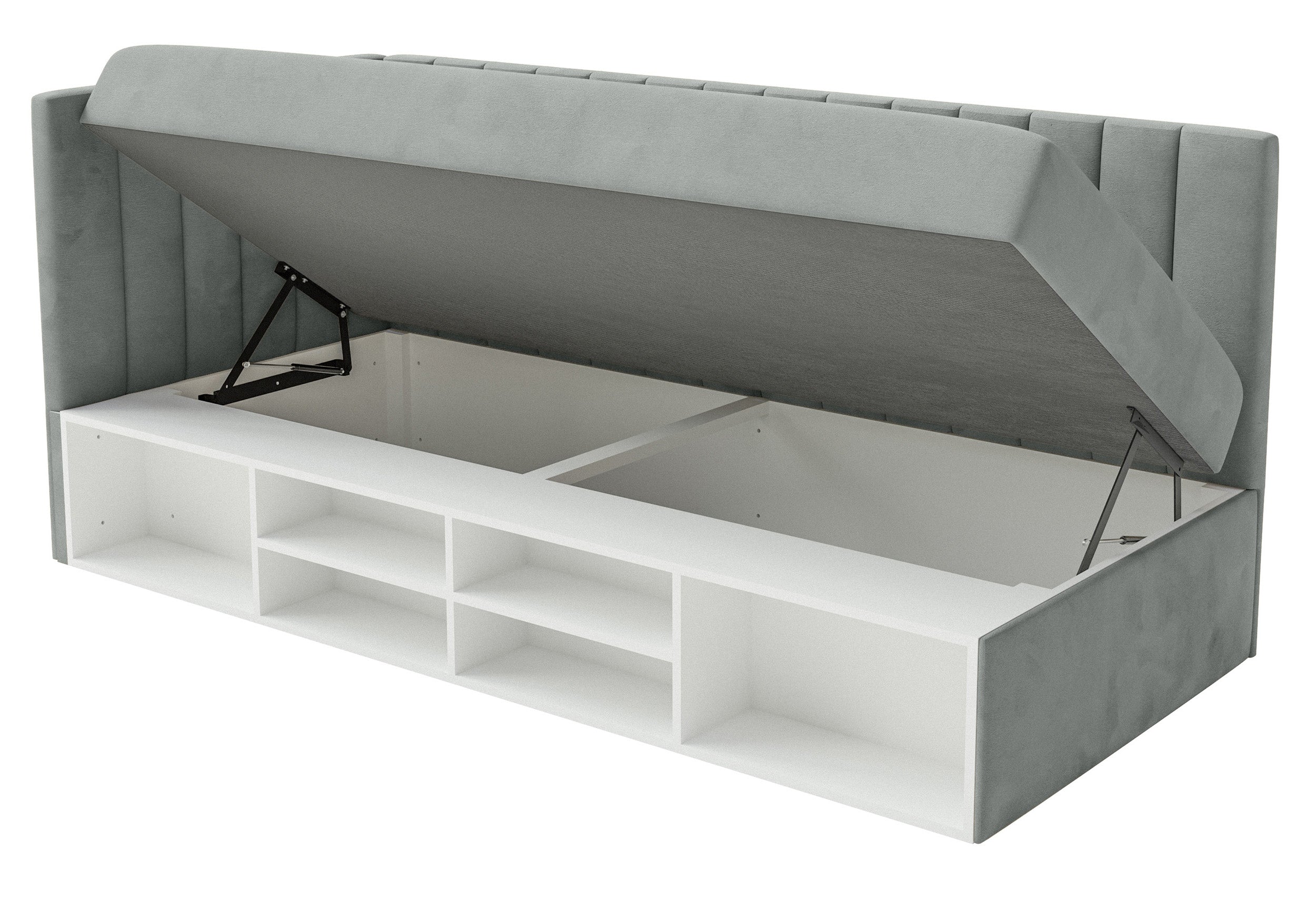 Jugendbett 90x200 cm Ventrio linksseitig mit Stauraum und Regalen, grauer Velours, wasserabweisend und leicht zu reinigen