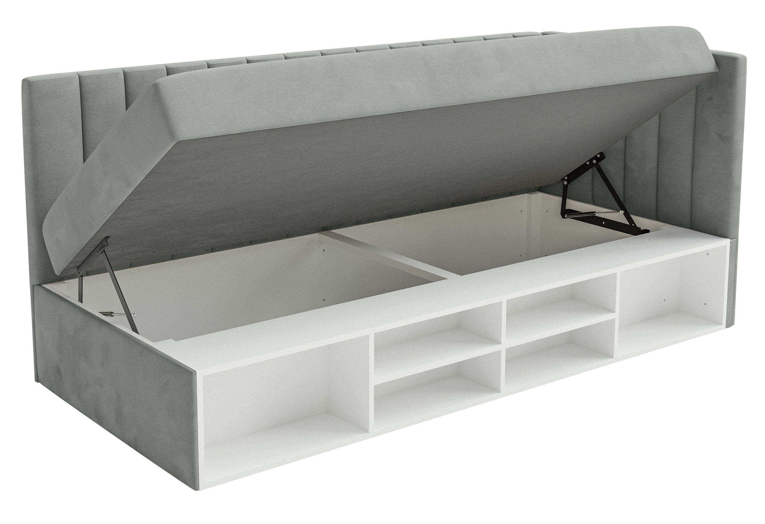 Jugendbett 90x200 cm Ventrio rechtsseitig mit Stauraum und Regalen, grauer Velours, wasserabweisend und leicht zu reinigen
