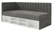 Jugendbett 90x200 cm Ventrio linksseitig mit Stauraum und Regalen, dunkelgrauer Velours, wasserabweisend und pflegeleicht
