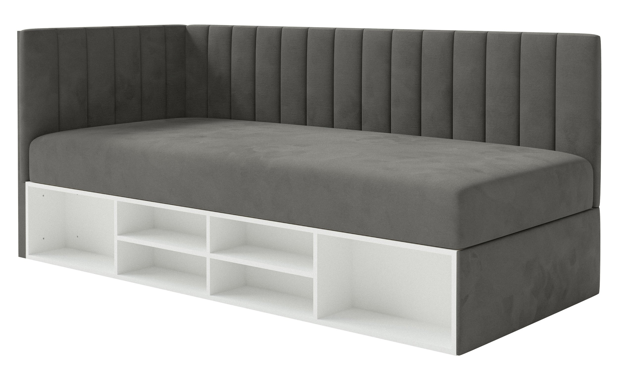Jugendbett 90x200 cm Ventrio linksseitig mit Stauraum und Regalen, dunkelgrauer Velours, wasserabweisend und pflegeleicht