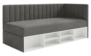 Jugendbett 90x200 cm Ventrio rechtsseitig mit Stauraum und Regalen, dunkelgrauer Samt, wasserabweisend und leicht zu reinigen