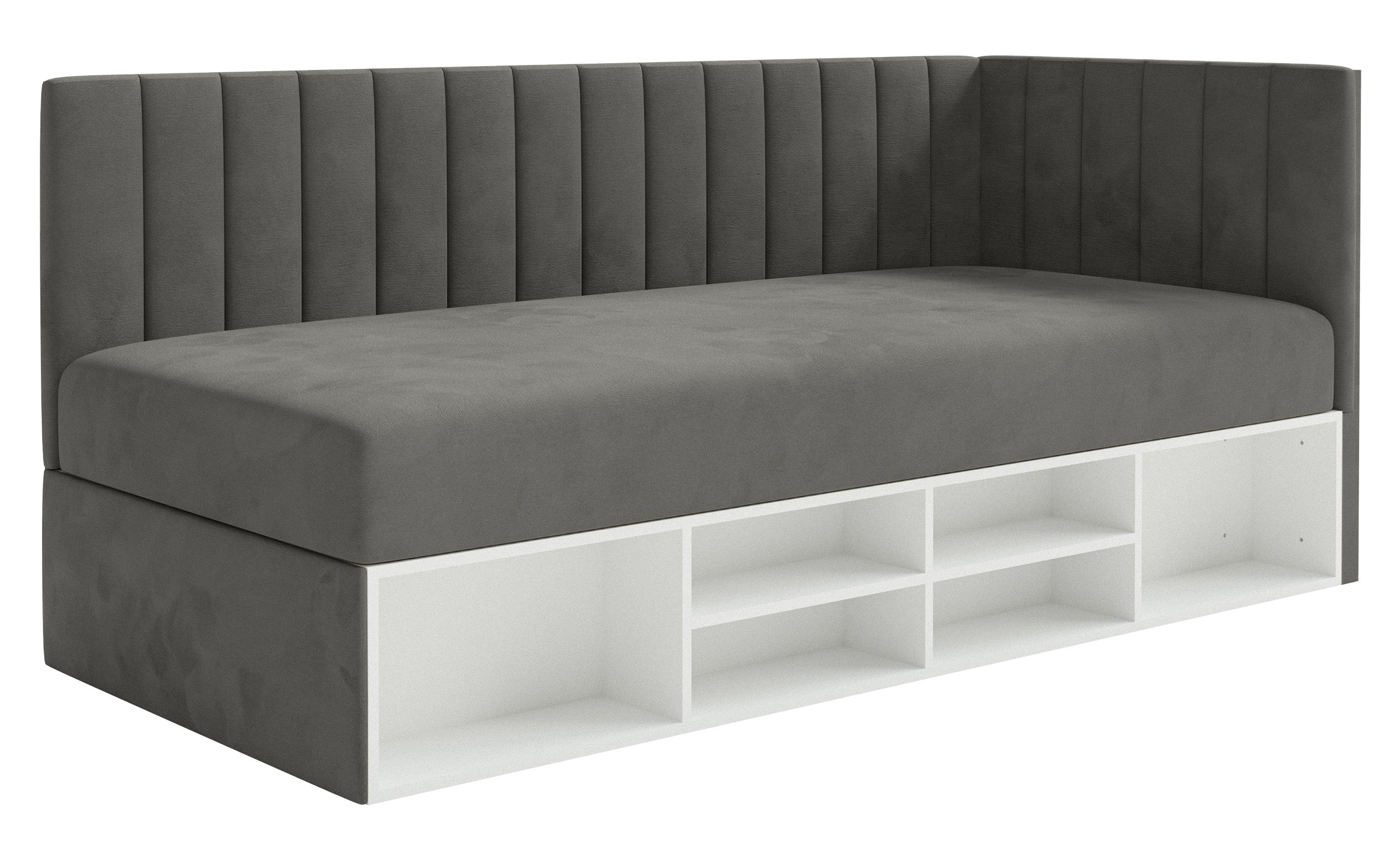 Jugendbett 90x200 cm Ventrio rechtsseitig mit Stauraum und Regalen, dunkelgrauer Samt, wasserabweisend und leicht zu reinigen