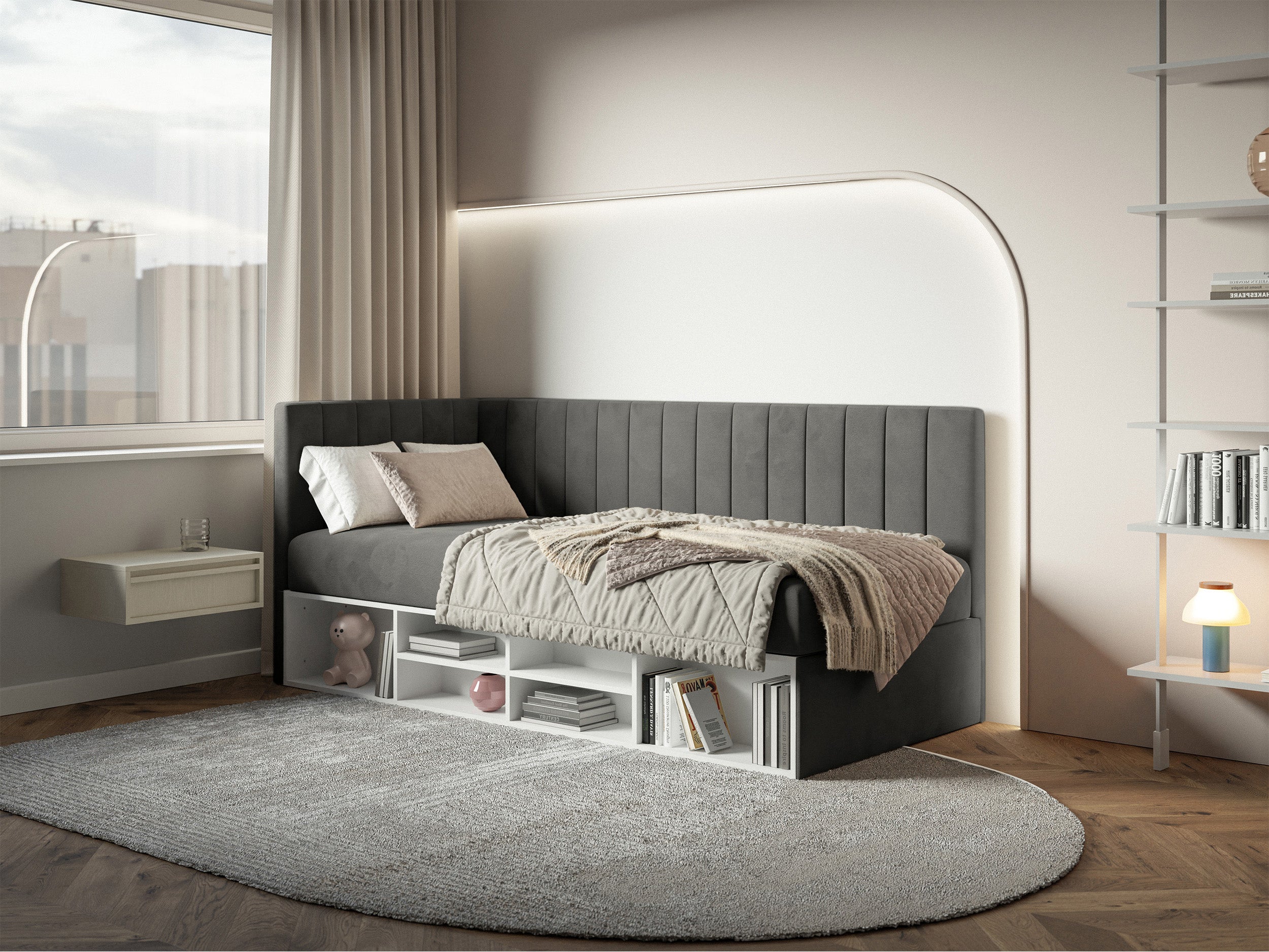 Jugendbett 90x200 cm Ventrio linksseitig mit Stauraum und Regalen, dunkelgrauer Velours, wasserabweisend und pflegeleicht