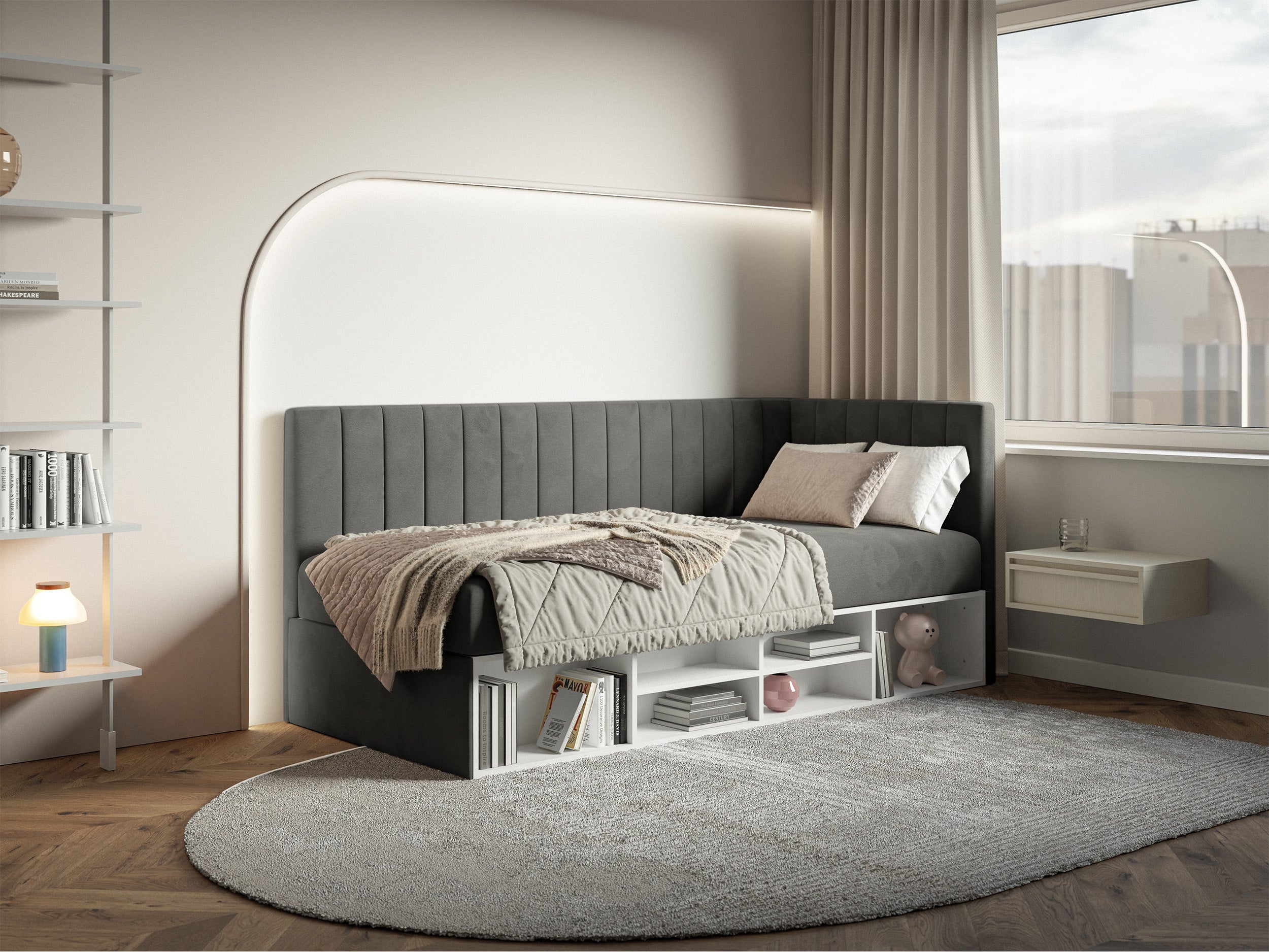Jugendbett 90x200 cm Ventrio rechtsseitig mit Stauraum und Regalen, dunkelgrauer Samt, wasserabweisend und leicht zu reinigen