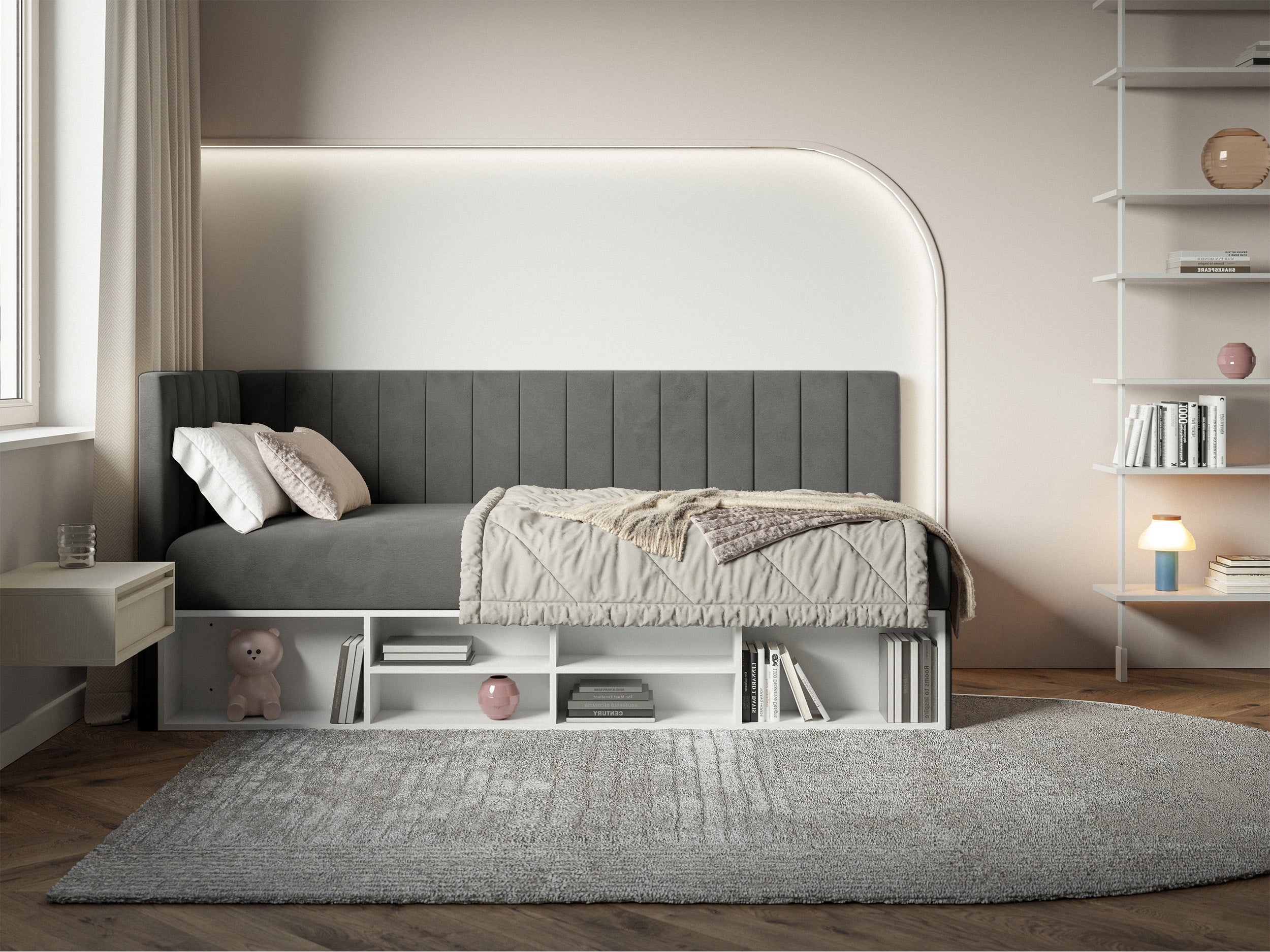 Jugendbett 90x200 cm Ventrio linksseitig mit Stauraum und Regalen, dunkelgrauer Velours, wasserabweisend und pflegeleicht