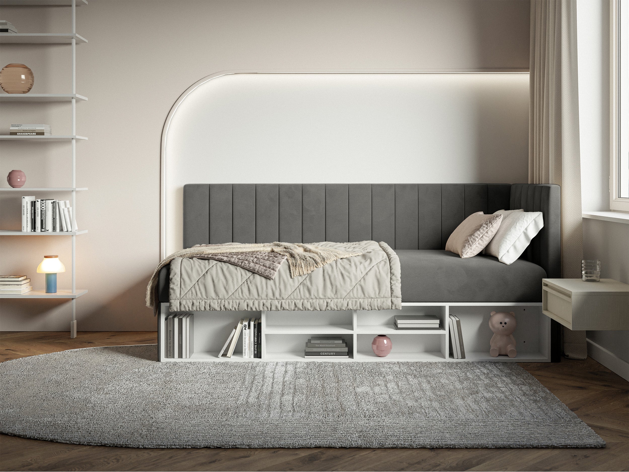 Jugendbett 90x200 cm Ventrio rechtsseitig mit Stauraum und Regalen, dunkelgrauer Samt, wasserabweisend und leicht zu reinigen