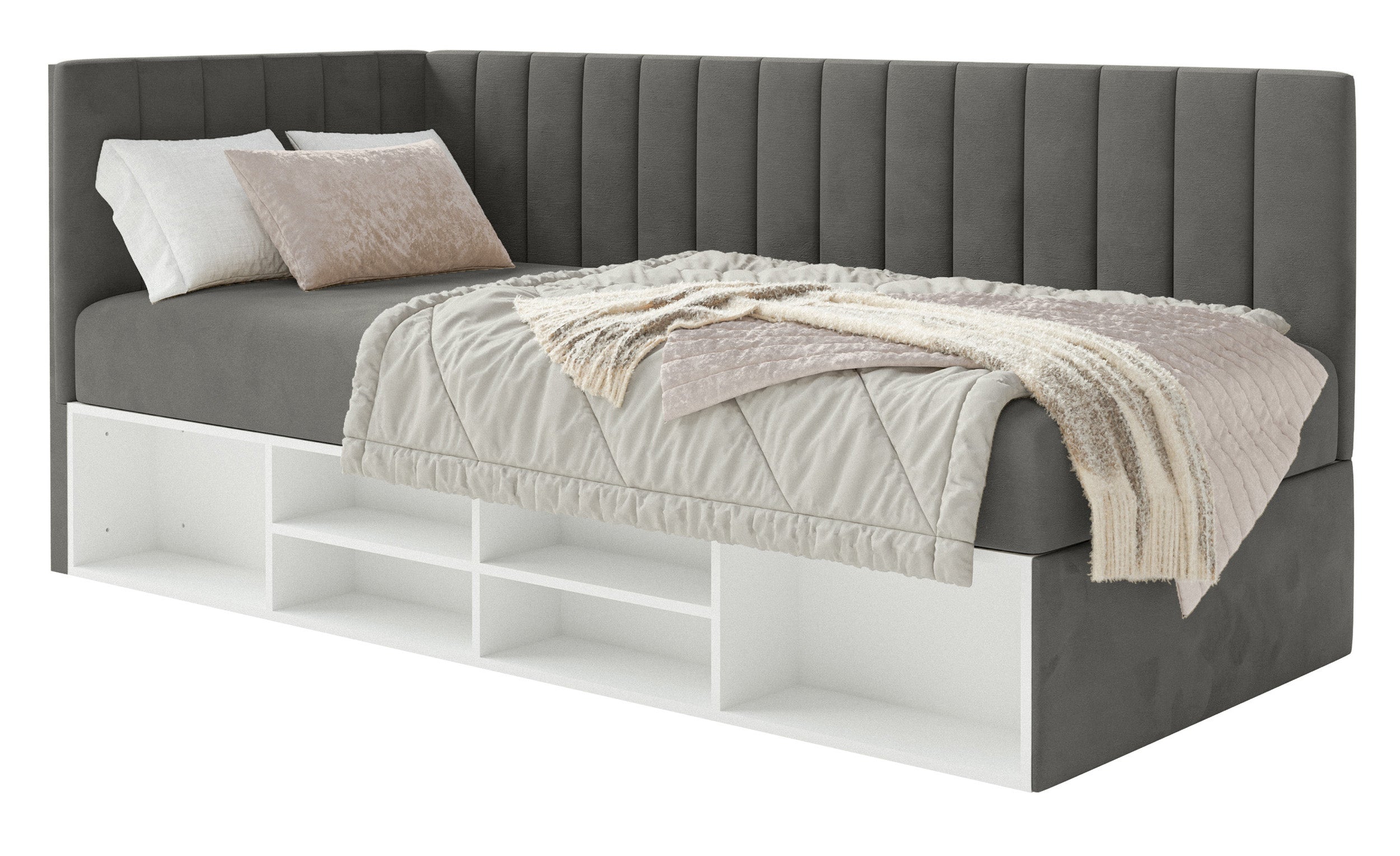 Jugendbett 90x200 cm Ventrio linksseitig mit Stauraum und Regalen, dunkelgrauer Velours, wasserabweisend und pflegeleicht