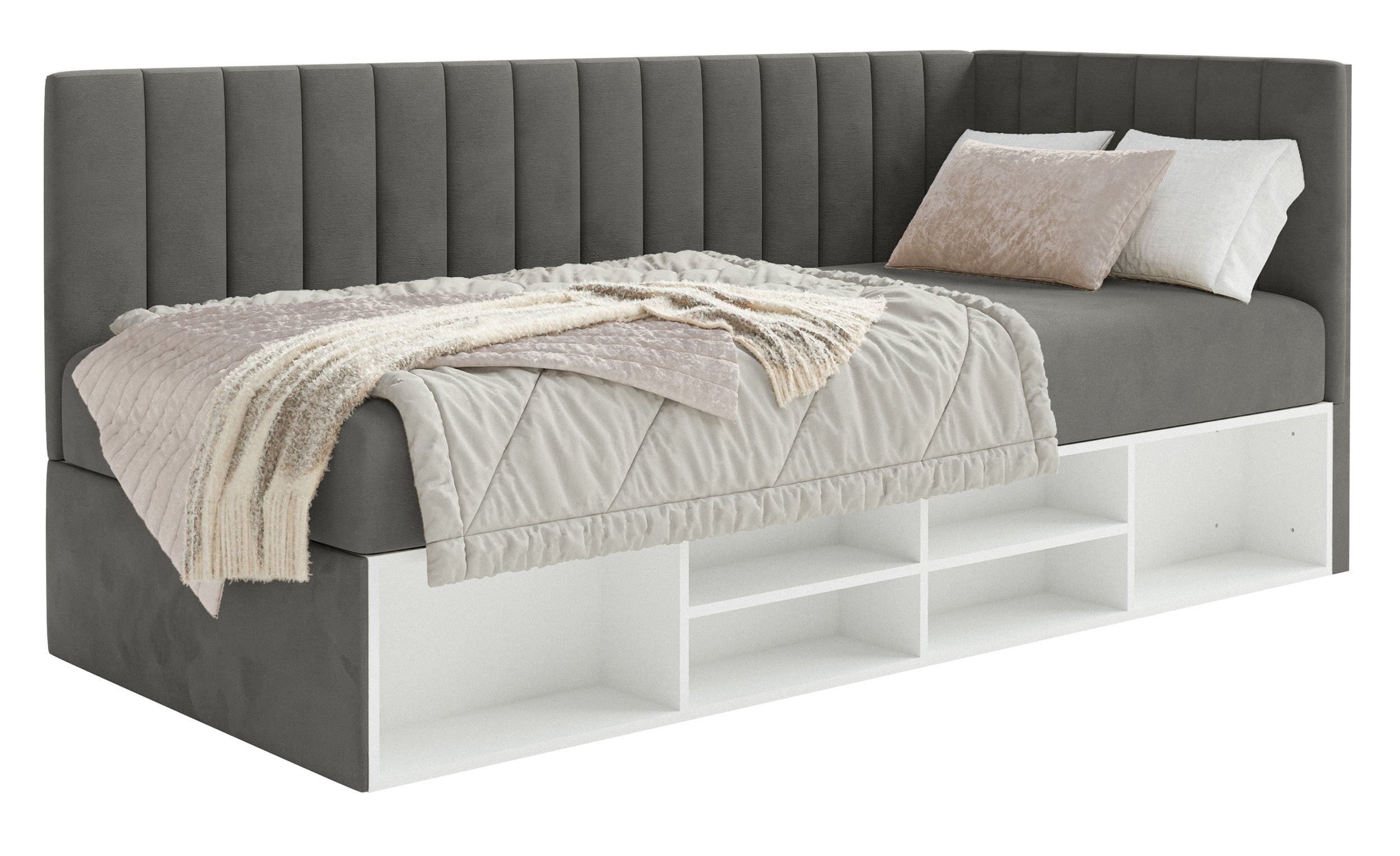 Jugendbett 90x200 cm Ventrio rechtsseitig mit Stauraum und Regalen, dunkelgrauer Samt, wasserabweisend und leicht zu reinigen