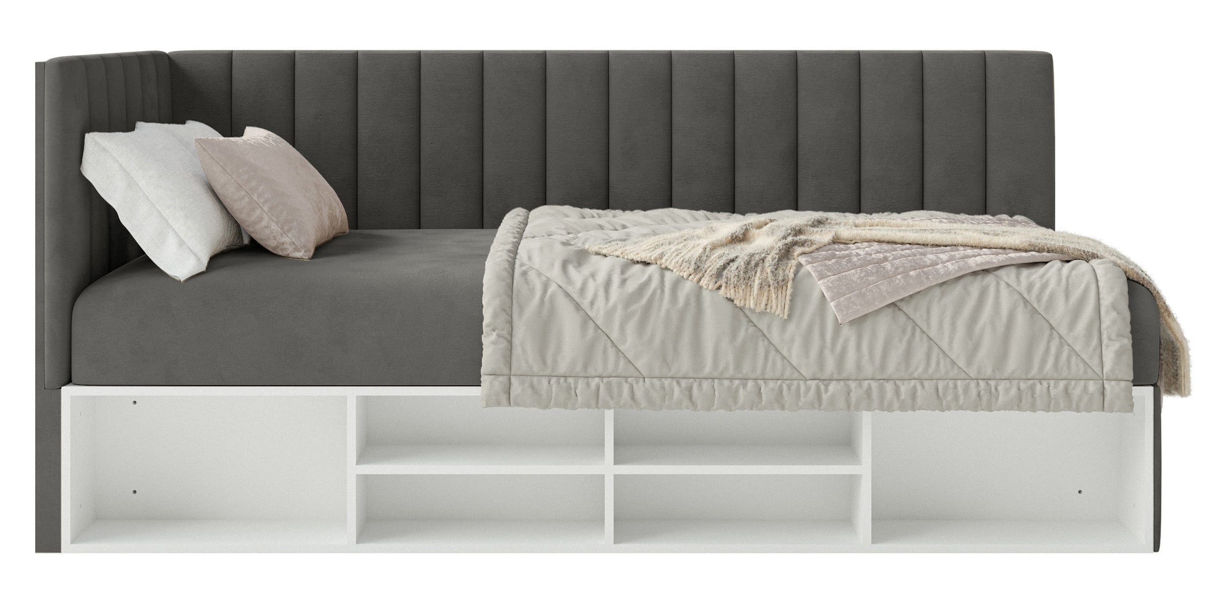 Jugendbett 90x200 cm Ventrio linksseitig mit Stauraum und Regalen, dunkelgrauer Velours, wasserabweisend und pflegeleicht