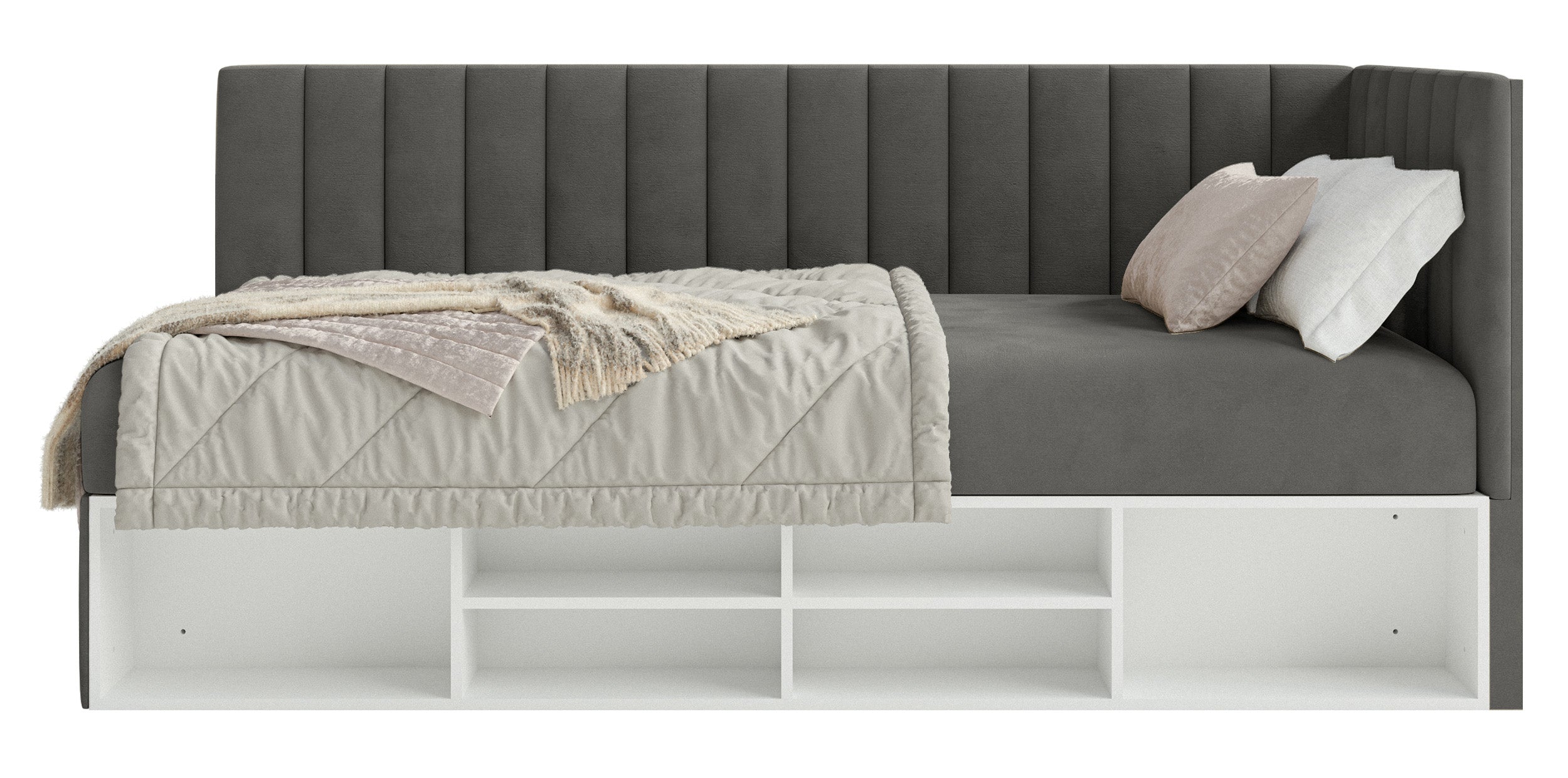 Jugendbett 90x200 cm Ventrio rechtsseitig mit Stauraum und Regalen, dunkelgrauer Samt, wasserabweisend und leicht zu reinigen