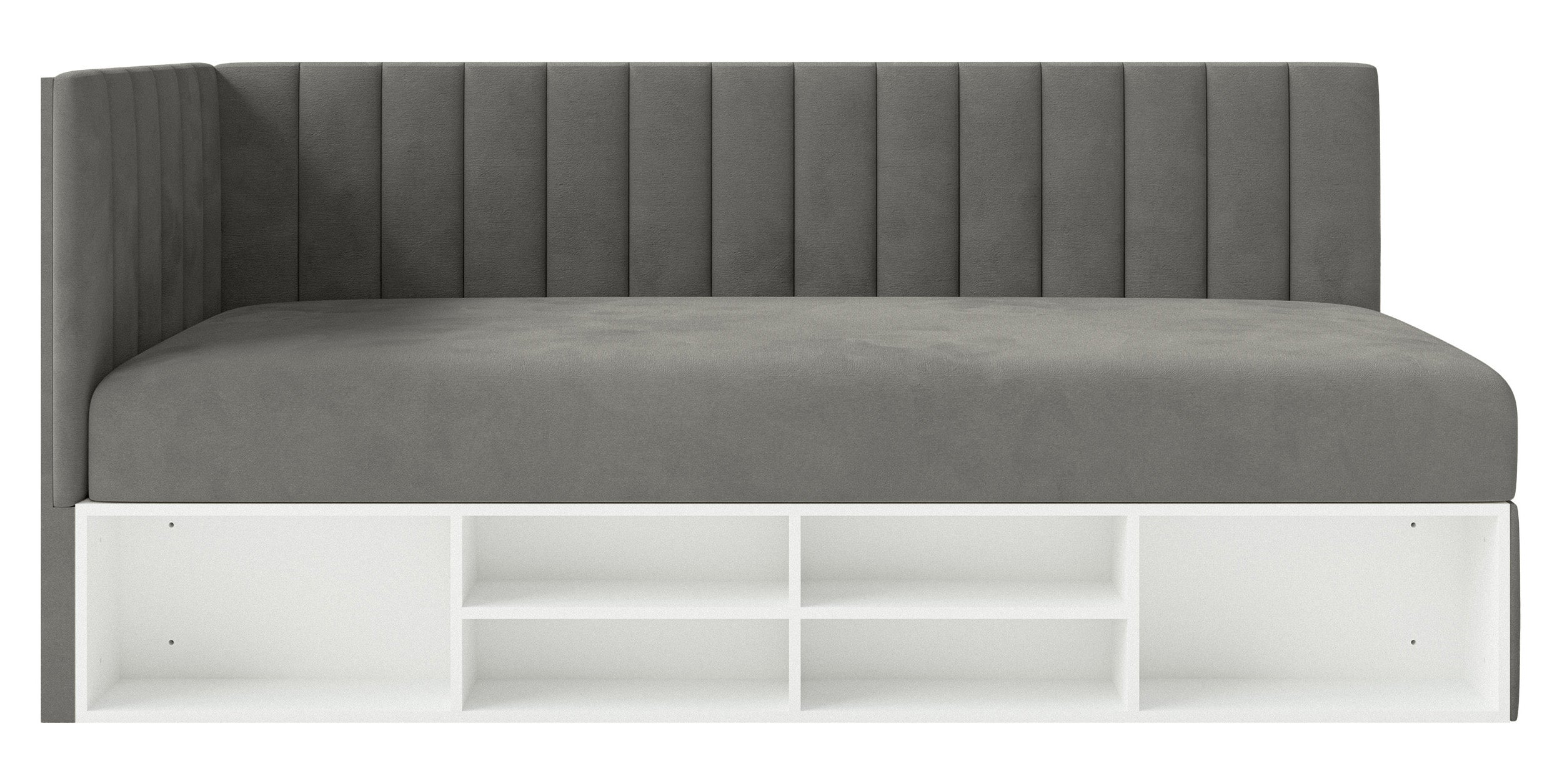 Jugendbett 90x200 cm Ventrio linksseitig mit Stauraum und Regalen, dunkelgrauer Velours, wasserabweisend und pflegeleicht
