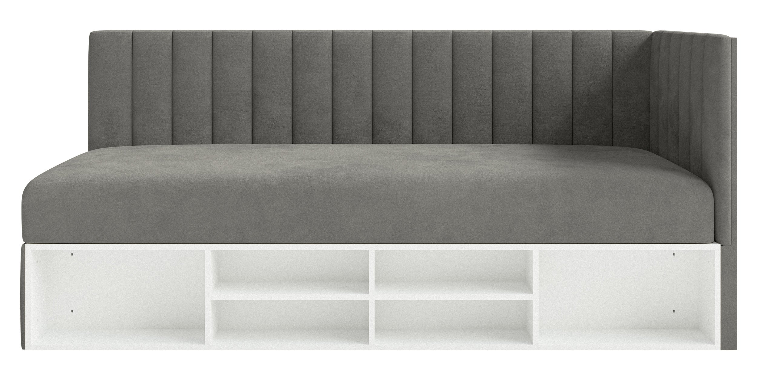 Jugendbett 90x200 cm Ventrio rechtsseitig mit Stauraum und Regalen, dunkelgrauer Samt, wasserabweisend und leicht zu reinigen