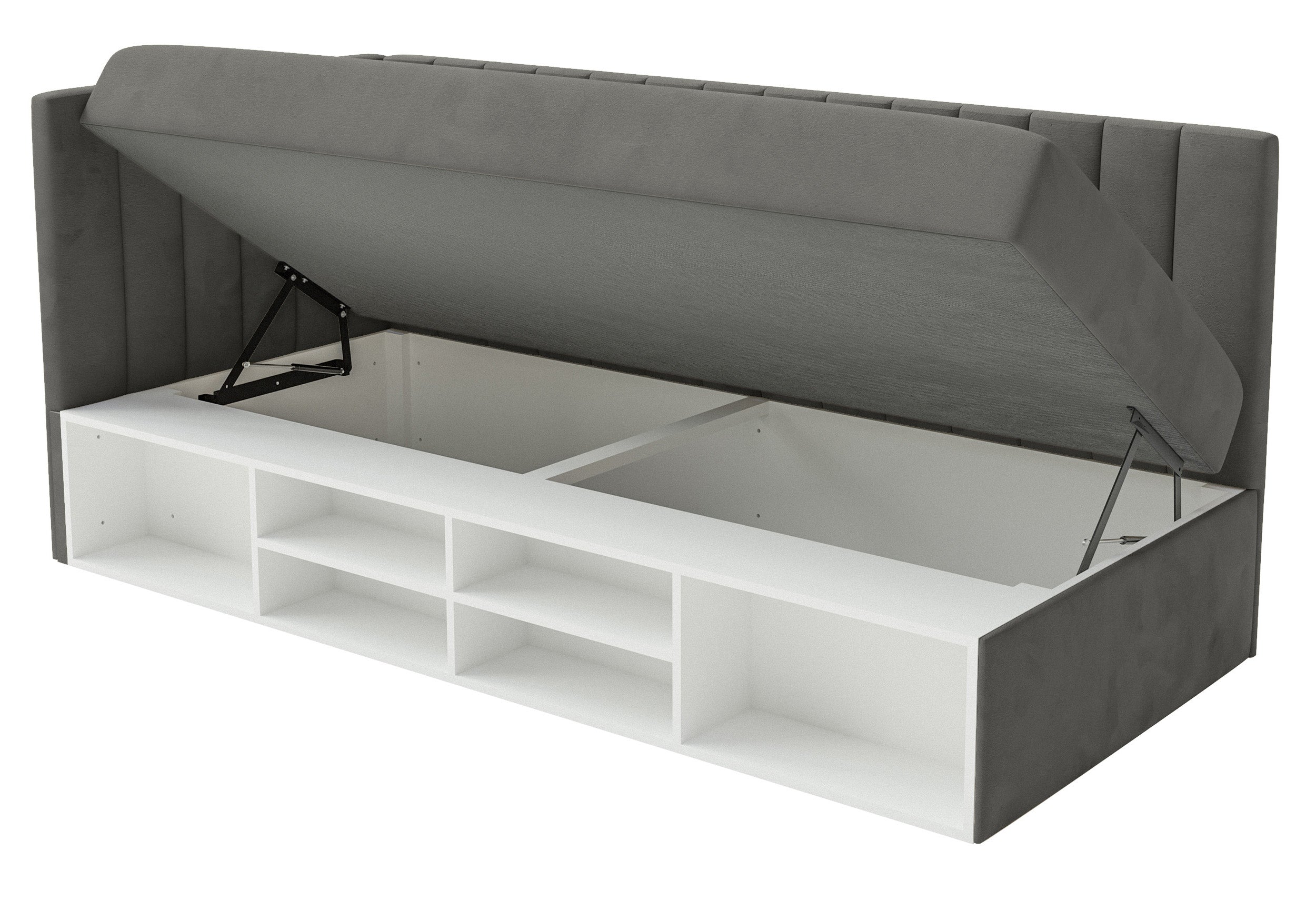 Jugendbett 90x200 cm Ventrio linksseitig mit Stauraum und Regalen, dunkelgrauer Velours, wasserabweisend und pflegeleicht