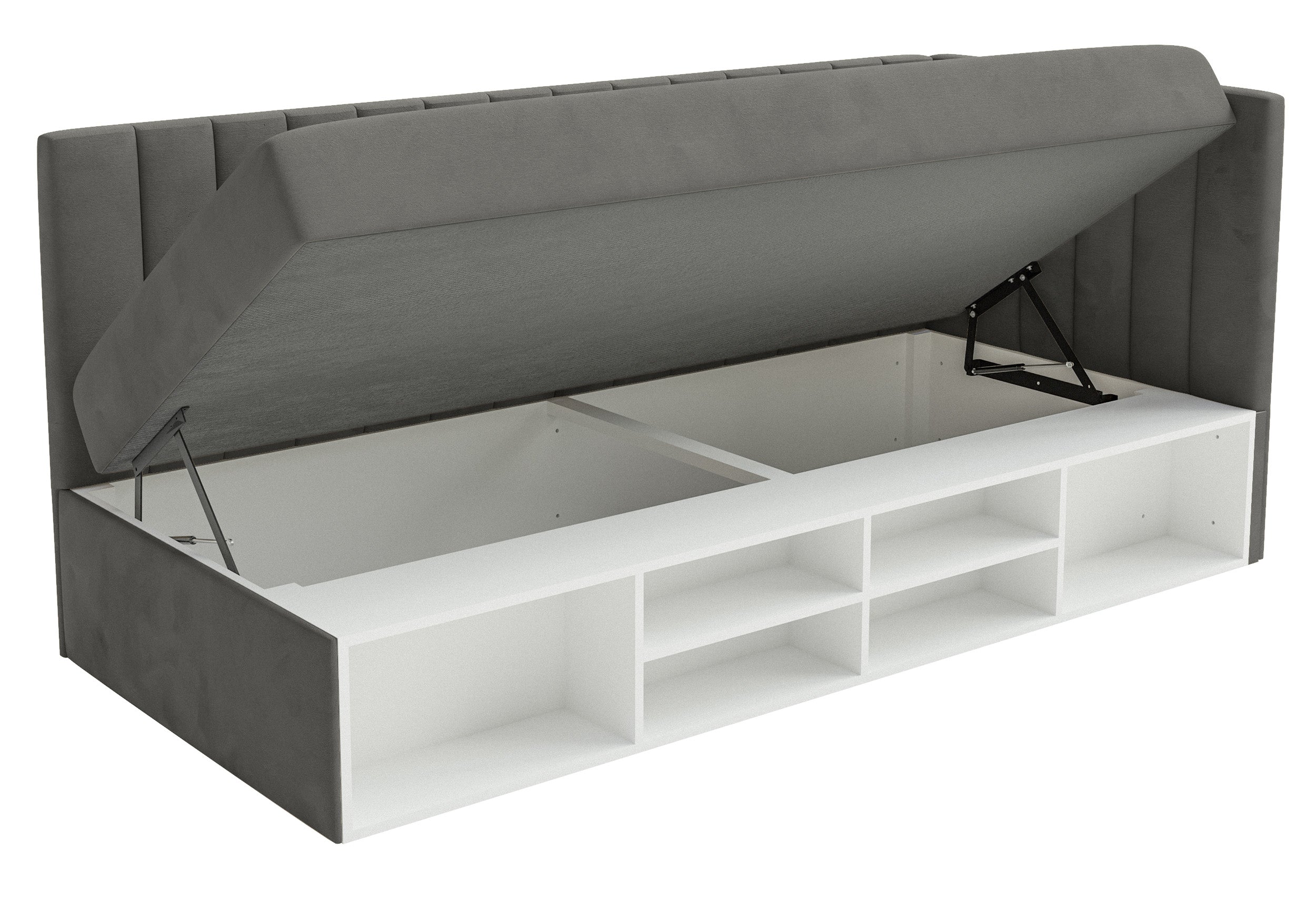 Jugendbett 90x200 cm Ventrio rechtsseitig mit Stauraum und Regalen, dunkelgrauer Samt, wasserabweisend und leicht zu reinigen