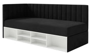 Jugendbett 90x200 cm Ventrio linksseitig mit Stauraum und Regalen, schwarzer Velours, wasserabweisend und leicht zu reinigen