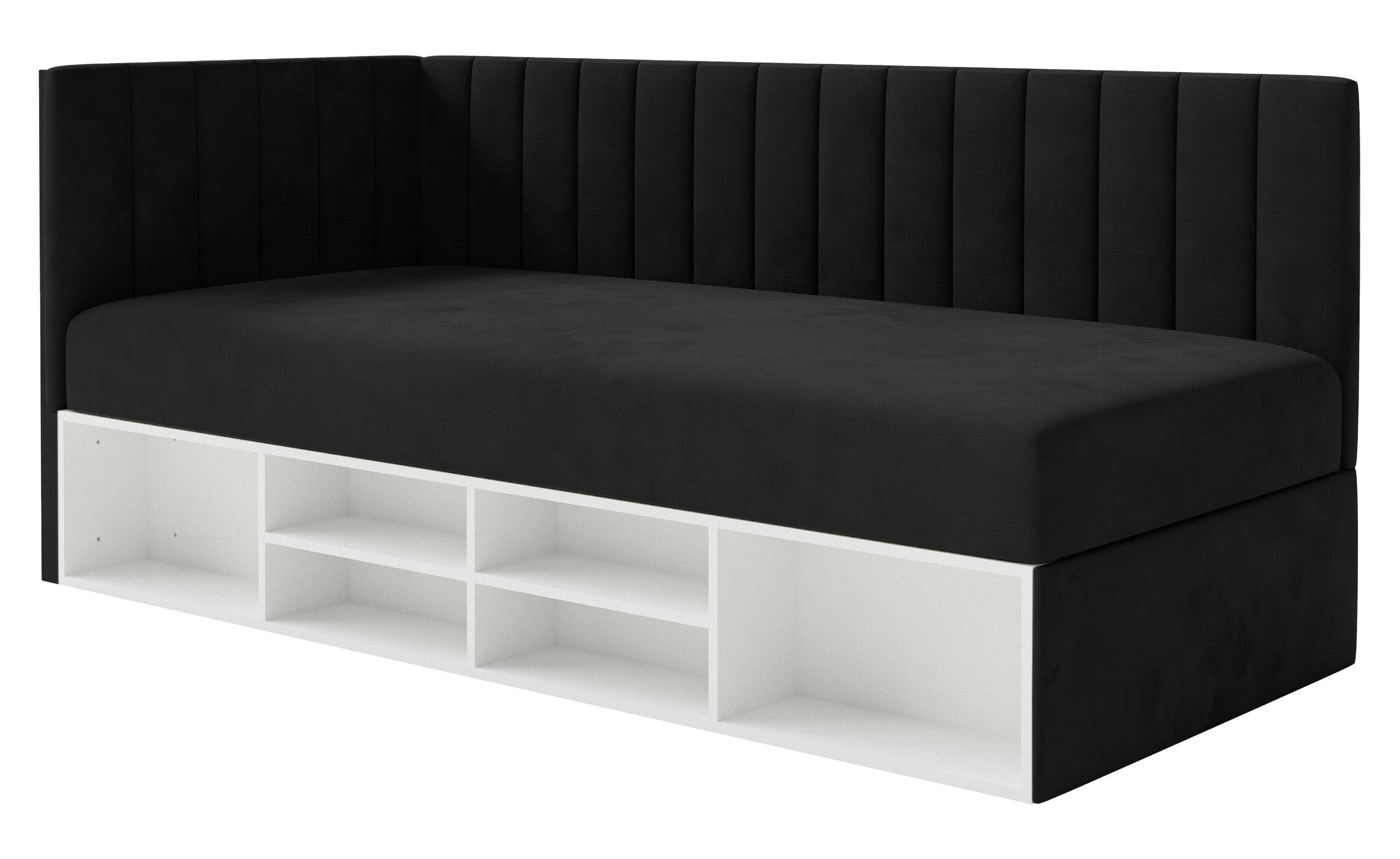 Jugendbett 90x200 cm Ventrio linksseitig mit Stauraum und Regalen, schwarzer Velours, wasserabweisend und leicht zu reinigen