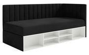 Jugendbett 90x200 cm Ventrio rechtsseitig mit Stauraum und Regalen, schwarzer Velours, wasserabweisend und leicht zu reinigen