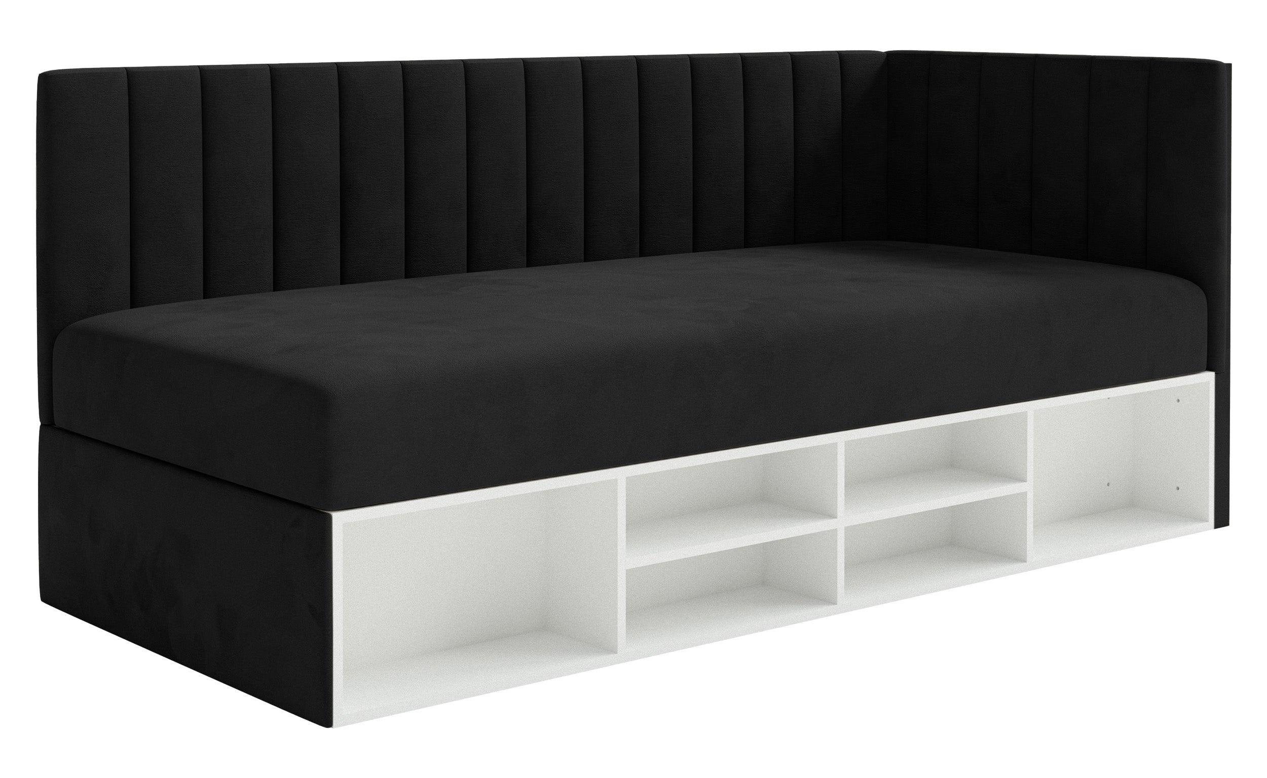 Jugendbett 90x200 cm Ventrio rechtsseitig mit Stauraum und Regalen, schwarzer Velours, wasserabweisend und leicht zu reinigen