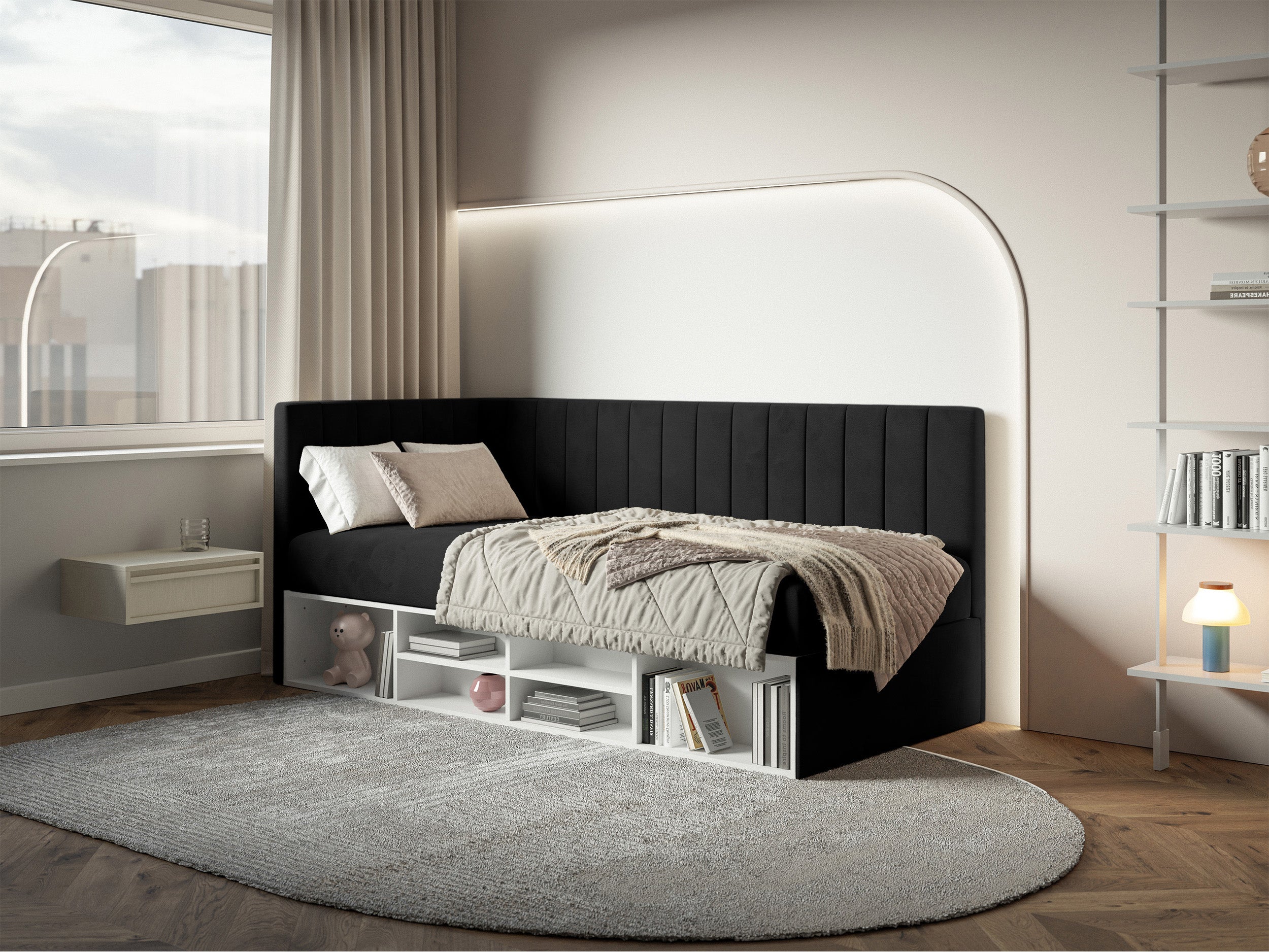 Jugendbett 90x200 cm Ventrio linksseitig mit Stauraum und Regalen, schwarzer Velours, wasserabweisend und leicht zu reinigen