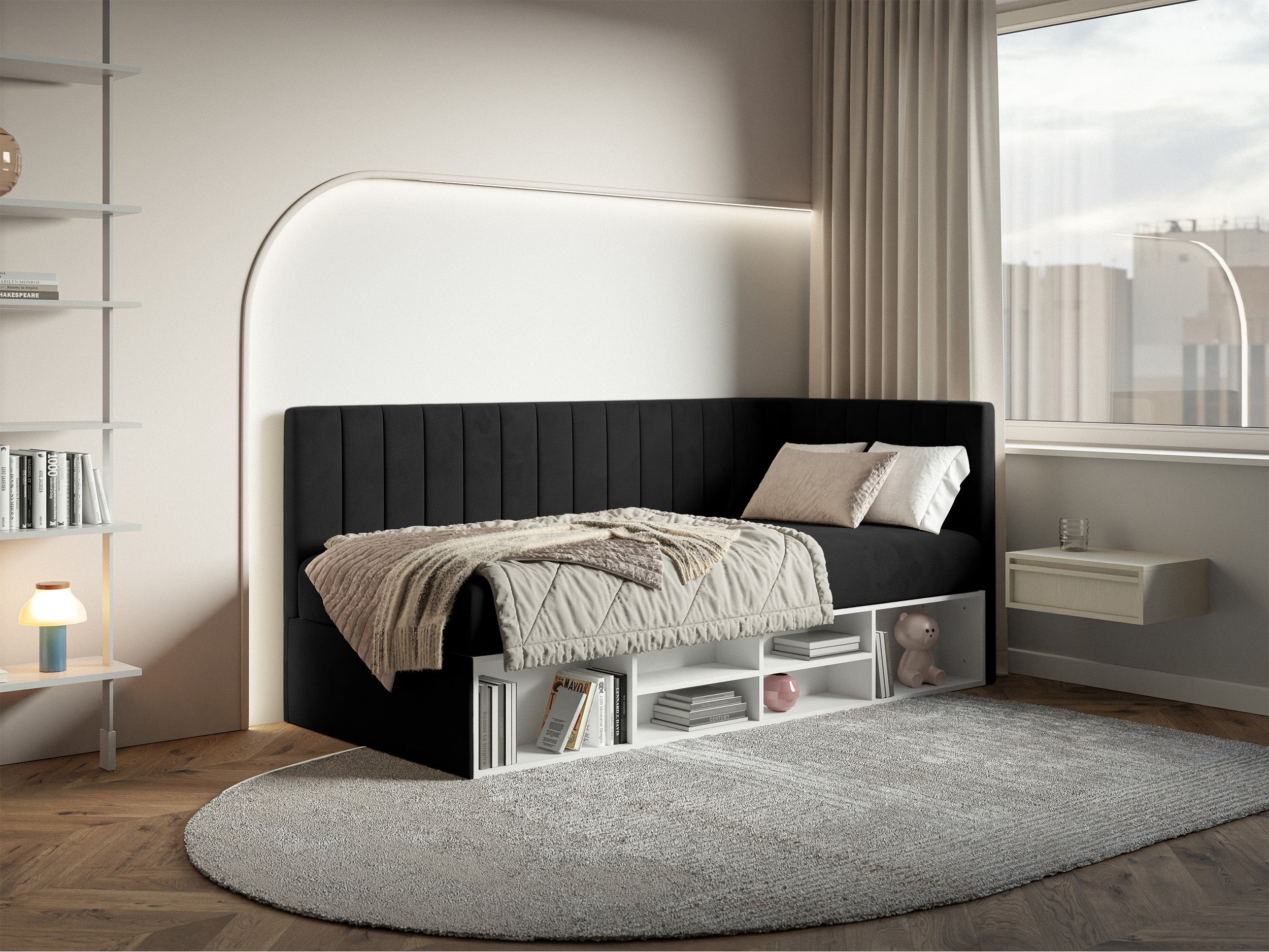 Jugendbett 90x200 cm Ventrio rechtsseitig mit Stauraum und Regalen, schwarzer Velours, wasserabweisend und leicht zu reinigen