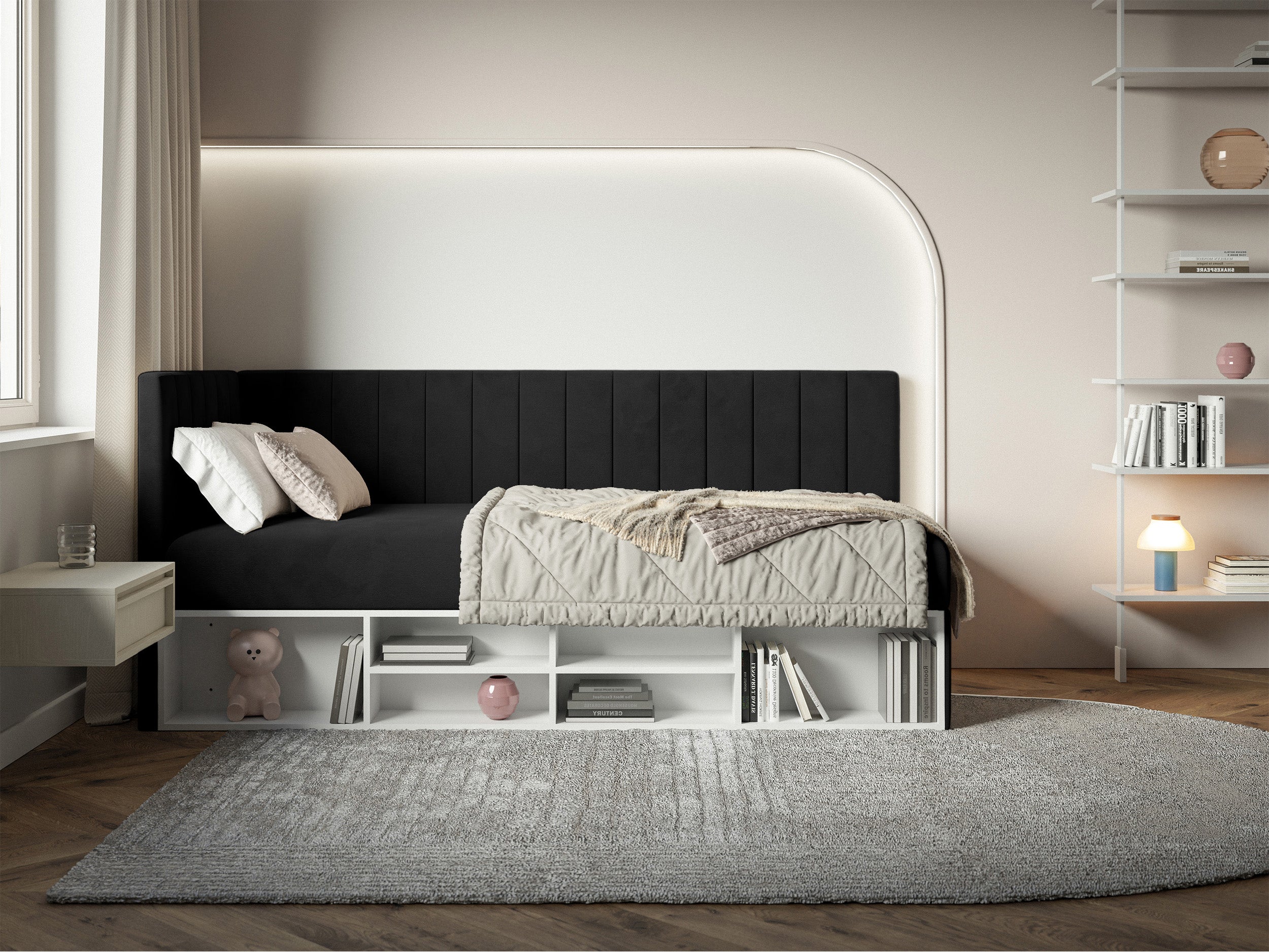 Jugendbett 90x200 cm Ventrio linksseitig mit Stauraum und Regalen, schwarzer Velours, wasserabweisend und leicht zu reinigen