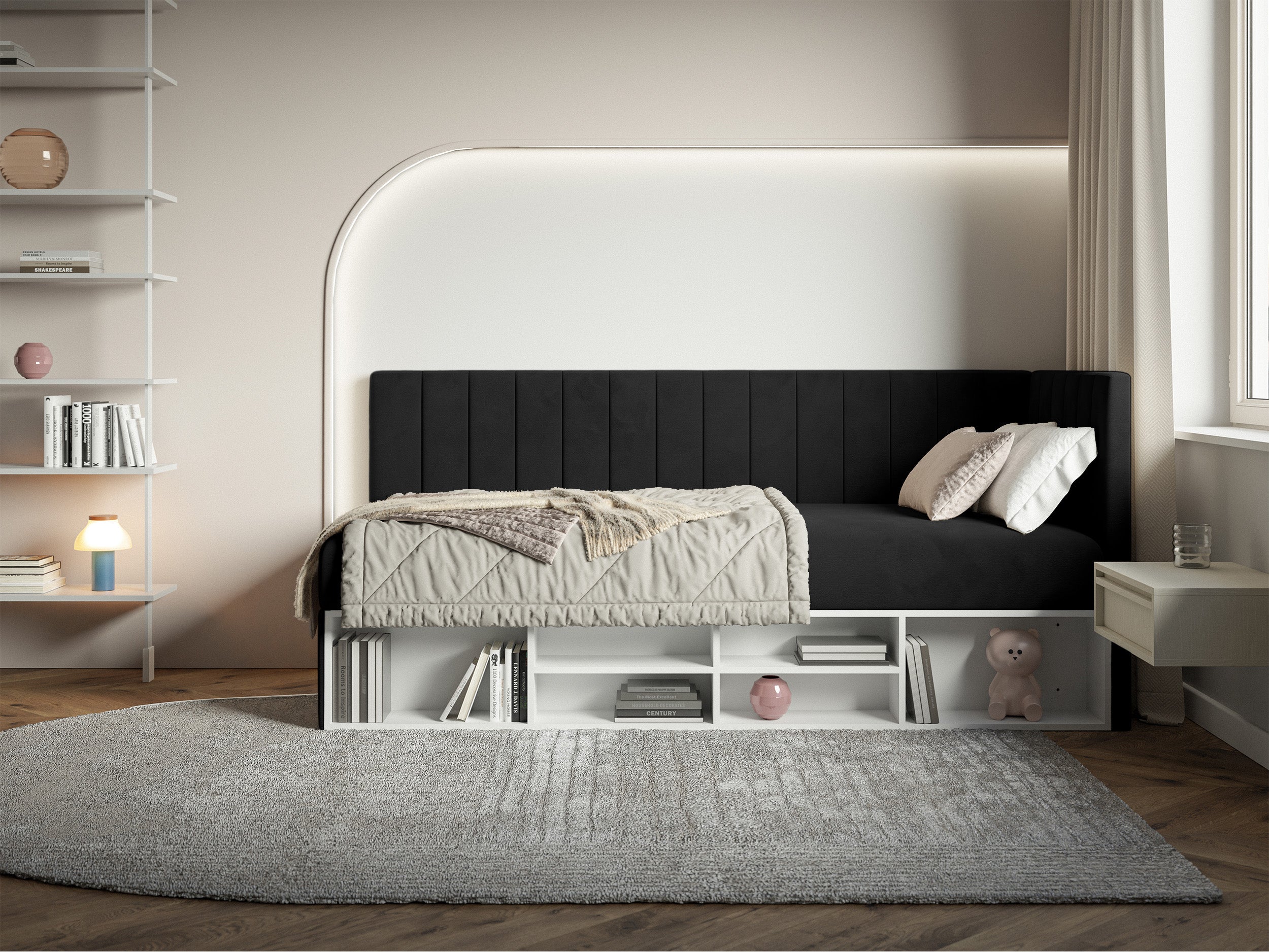 Jugendbett 90x200 cm Ventrio rechtsseitig mit Stauraum und Regalen, schwarzer Velours, wasserabweisend und leicht zu reinigen